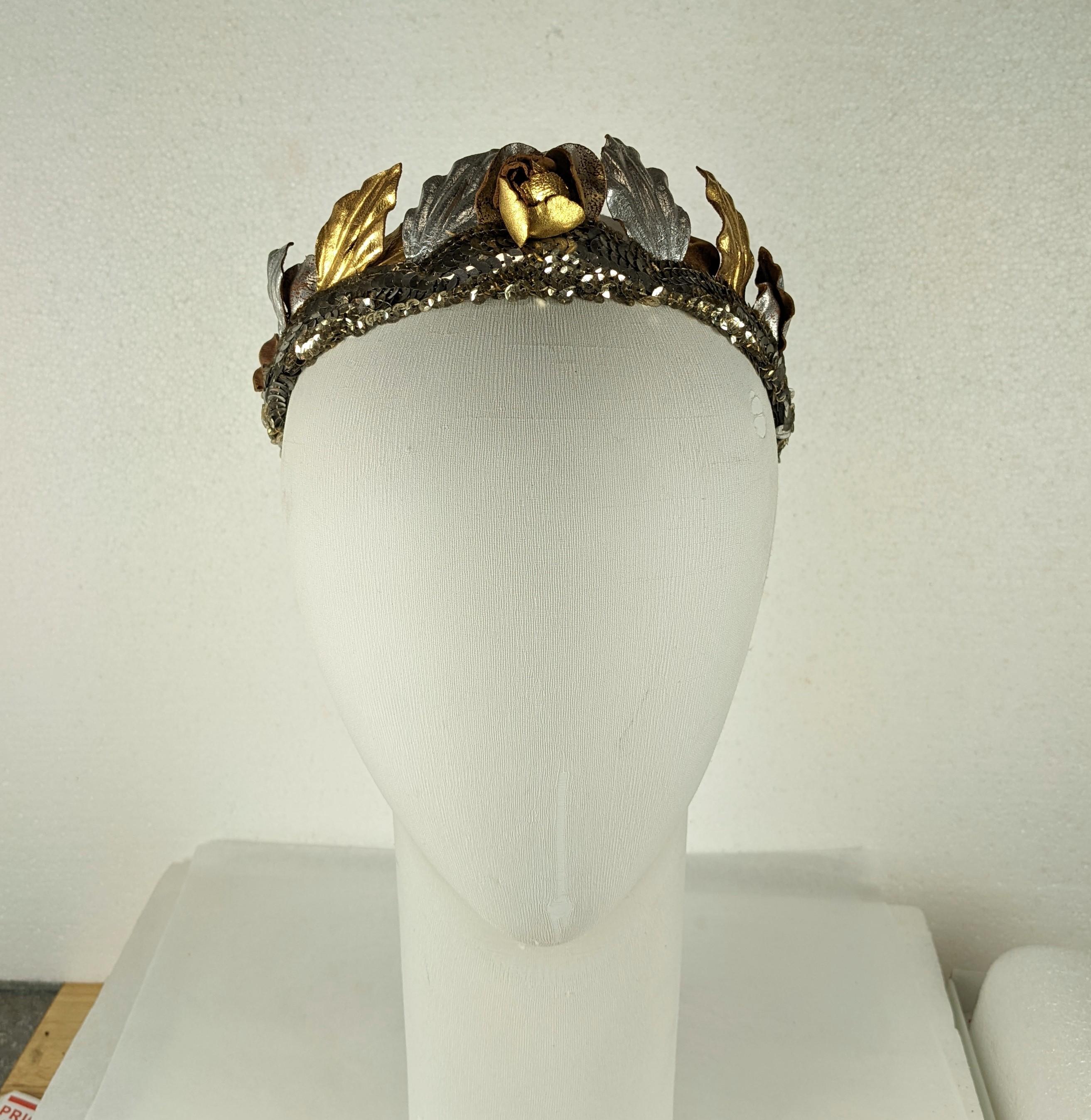 Women's Art Deco Sequin Hair Bandeau of Gilt and Silver Leather Roses