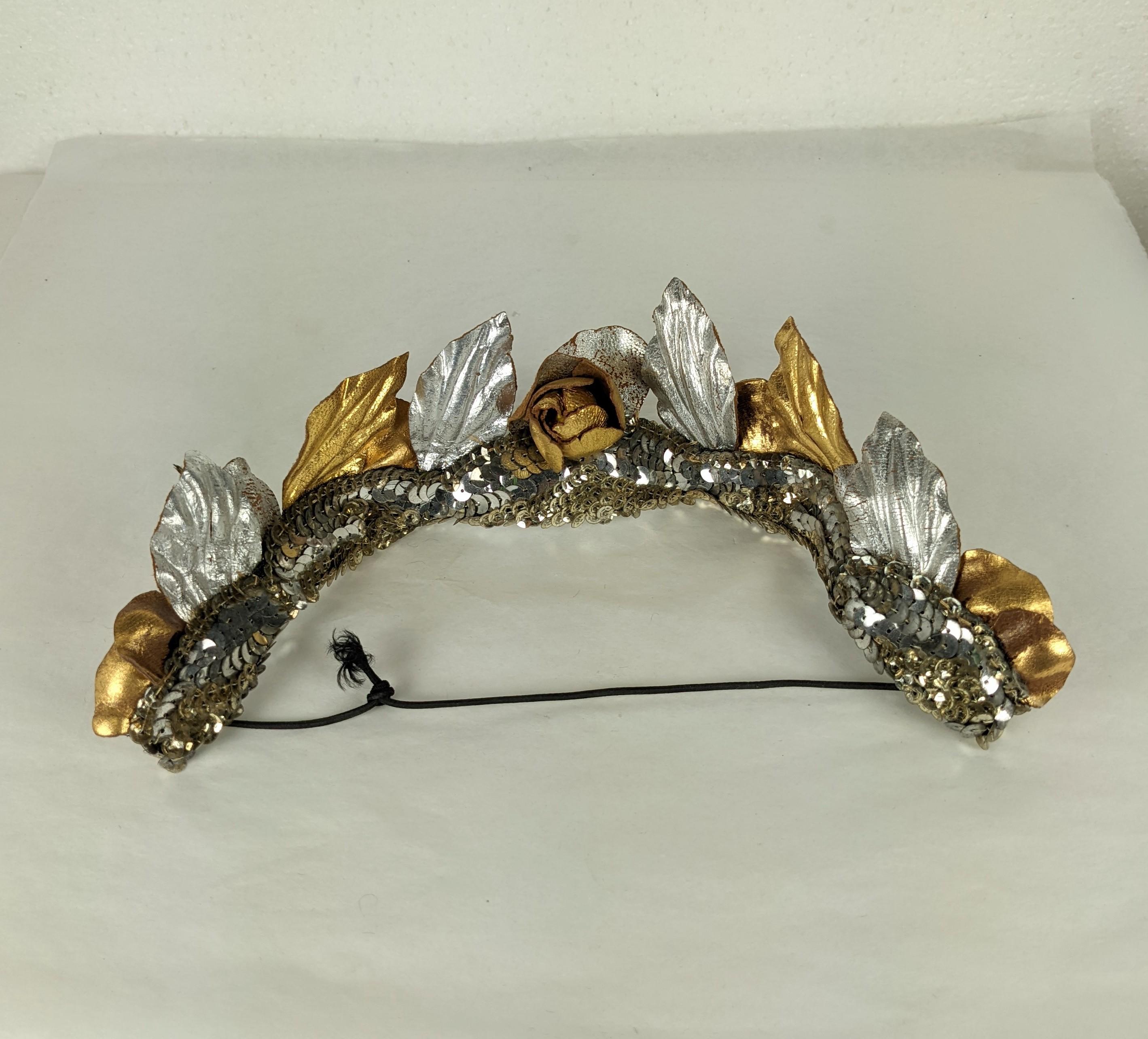 Art Deco Sequin Hair Bandeau of Gilt and Silver Leather Roses 4
