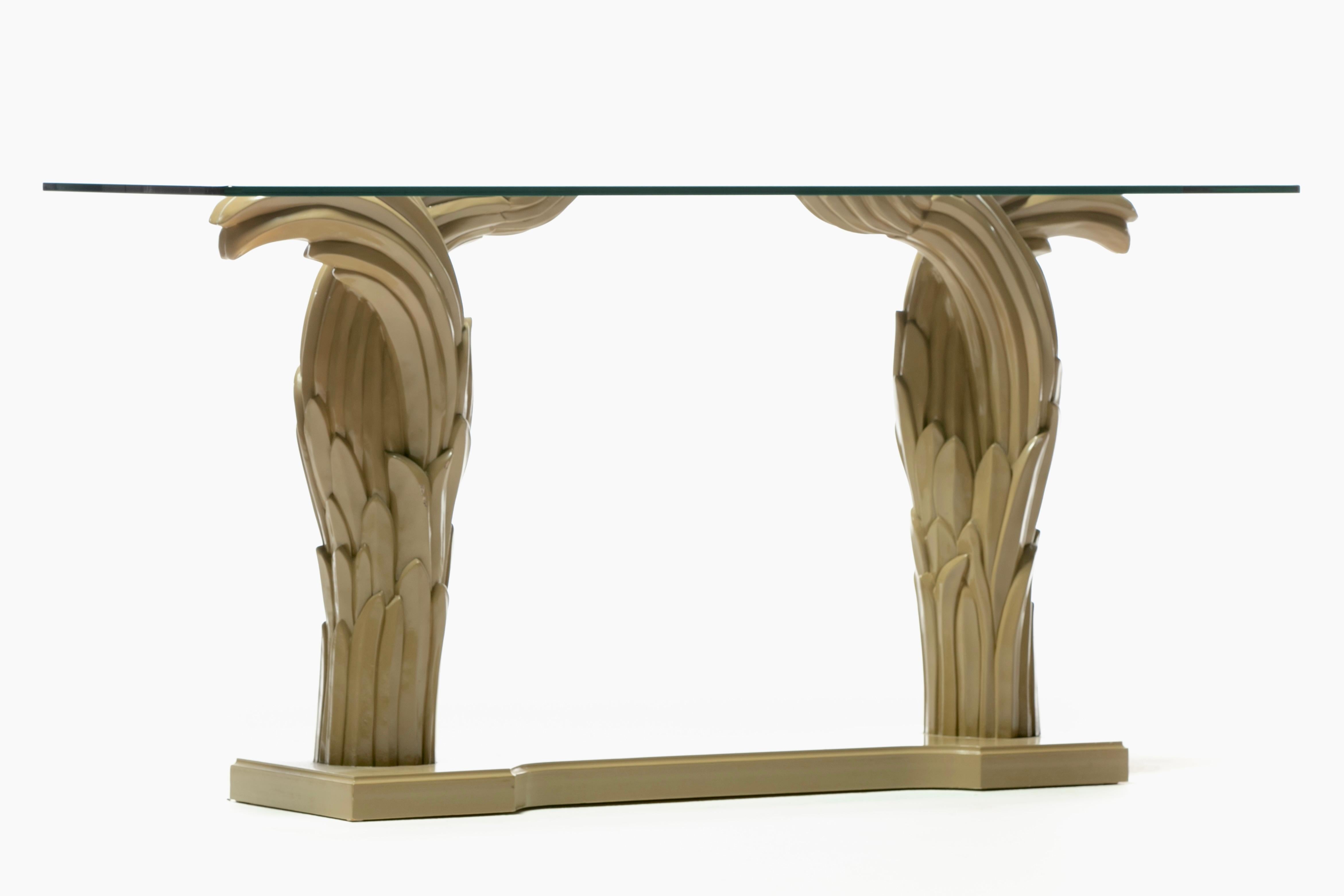 Tempered Art Deco Serge Roche Style Palm Leaf Console Lacquered in Almond Latte c. 1980 For Sale