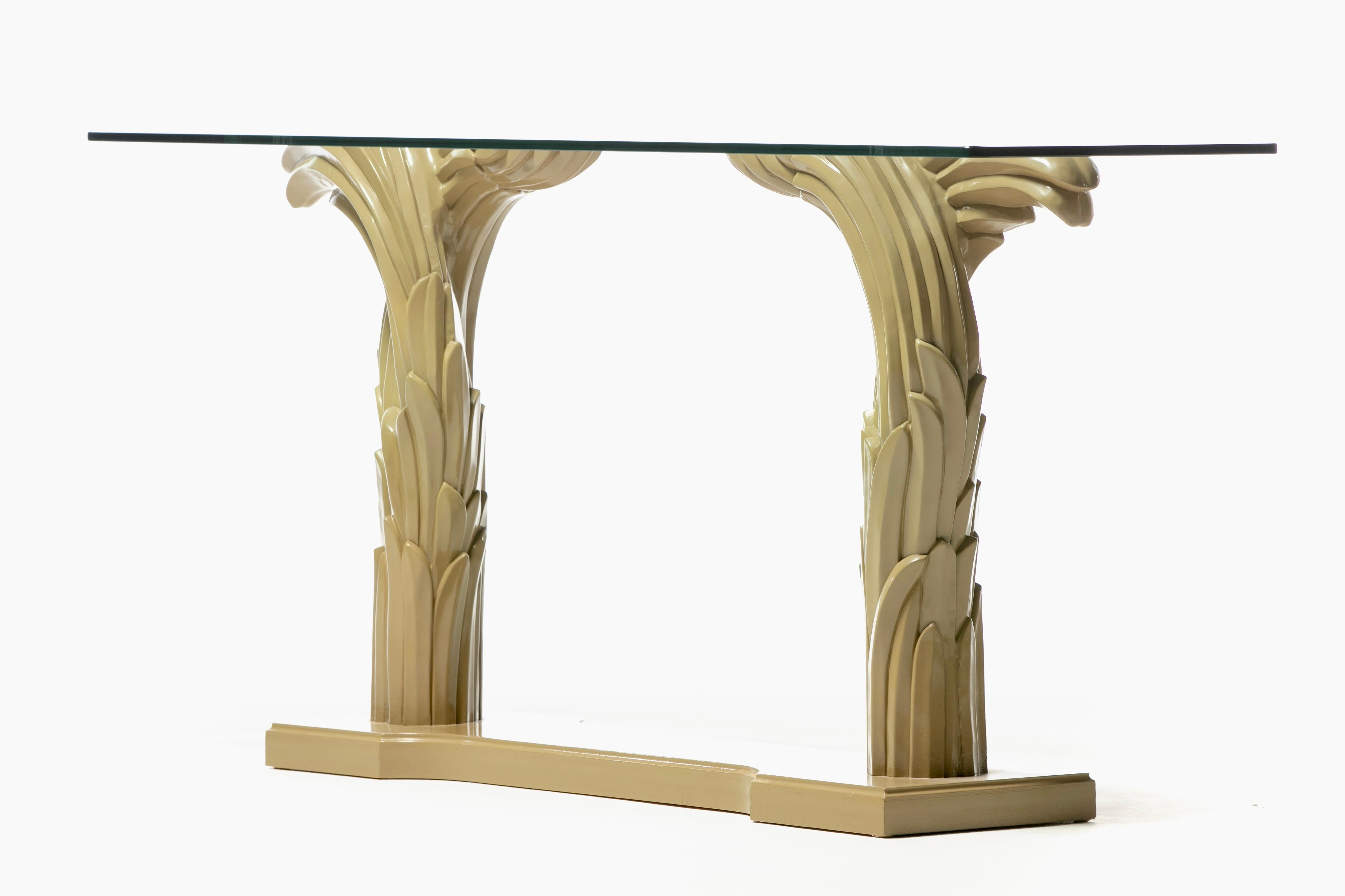 Late 20th Century Art Deco Serge Roche Style Palm Leaf Console Lacquered in Almond Latte c. 1980 For Sale