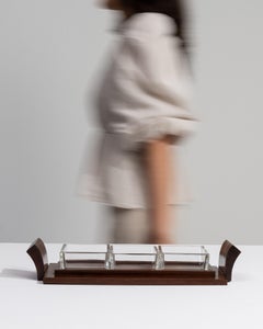 Art Deco Serving Tray, Brown Wood & Glass, French Design, 1930s
