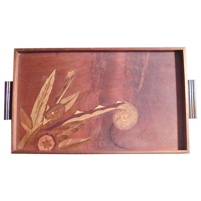 Art Deco Serving Tray with Exotic Wood Marquetry For Sale