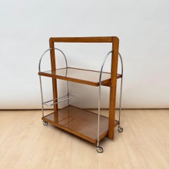 Art Deco Serving Trolley, Oak wood, Chrome and Glass, France circa 1930