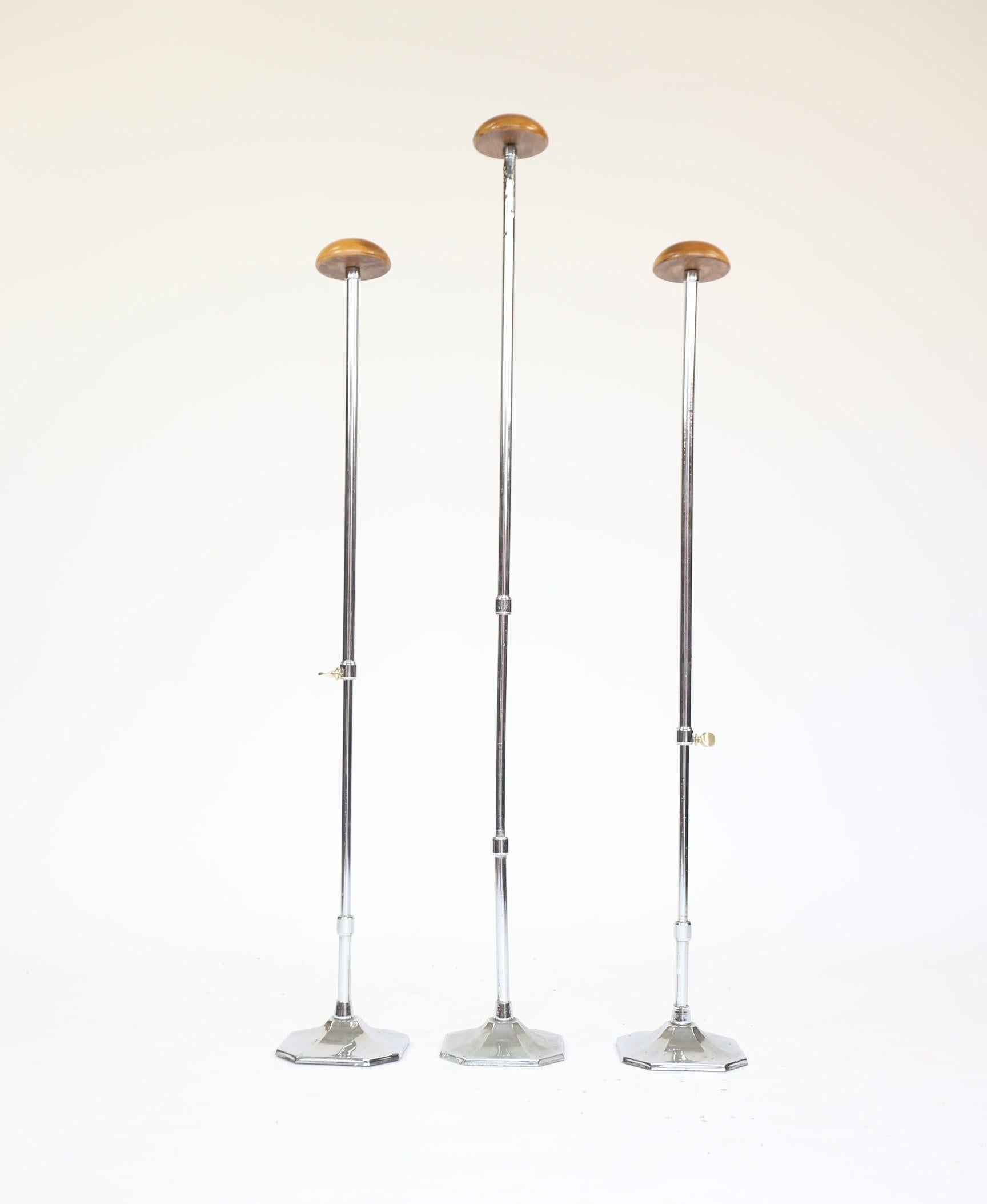 British Art Deco Set 3 Chrome & Beech Shop Display Hat Stands For Sale