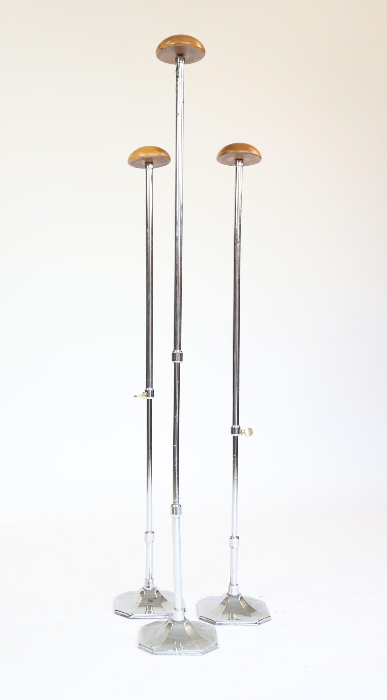 Art Deco Set 3 Chrome & Beech Shop Display Hat Stands In Good Condition For Sale In Dereham, GB