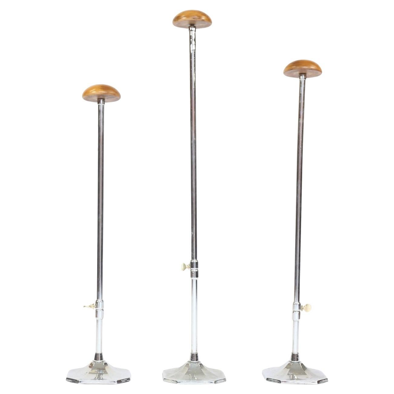 Art Deco Set 3 Chrome & Beech Shop Display Hat Stands