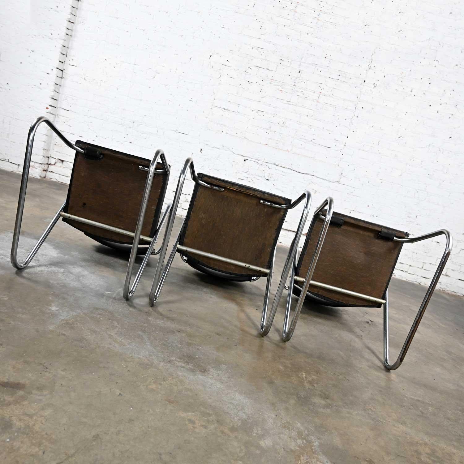 Art Deco Set 3 Chrome Tube & Black Faux Leather Chairs Attr to Kem Weber Z Chair For Sale 5