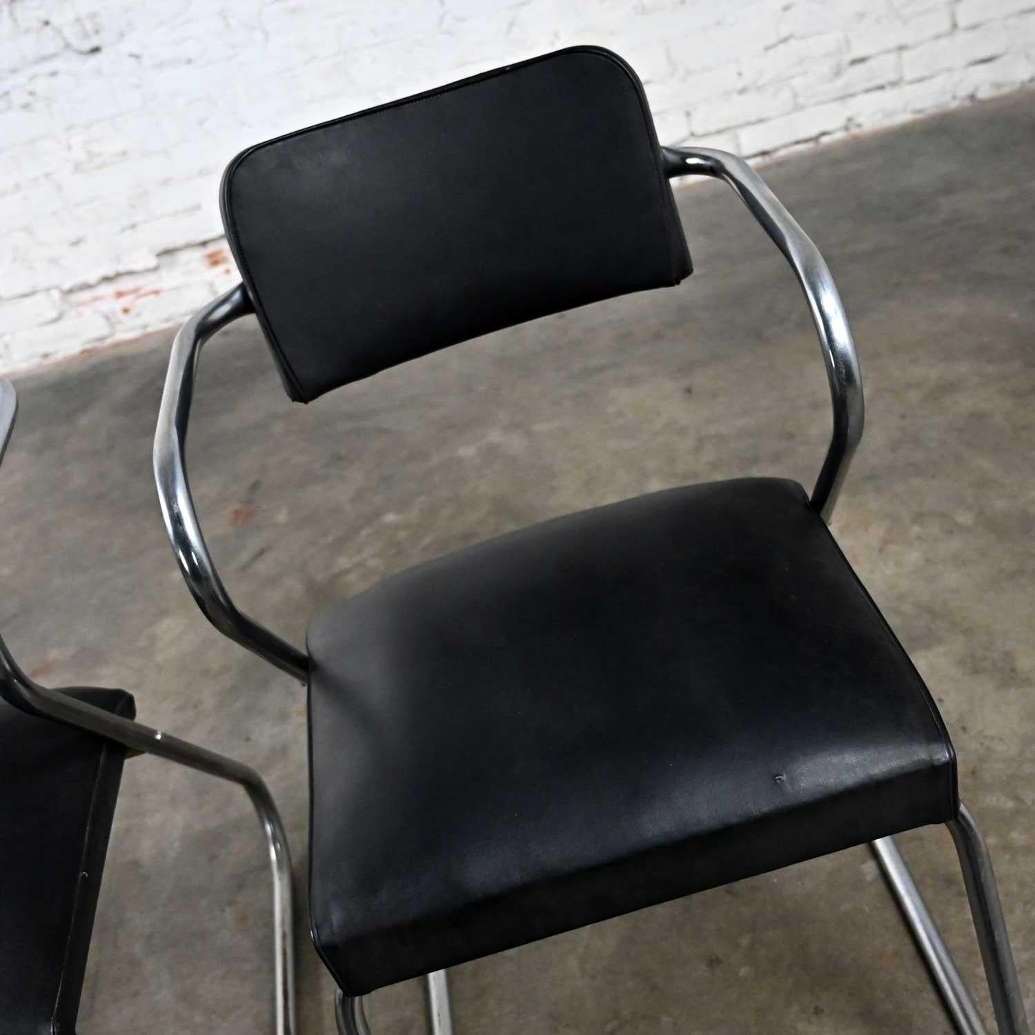 Art Deco Set 3 Chrome Tube & Black Faux Leather Chairs Attr to Kem Weber Z Chair en vente 8