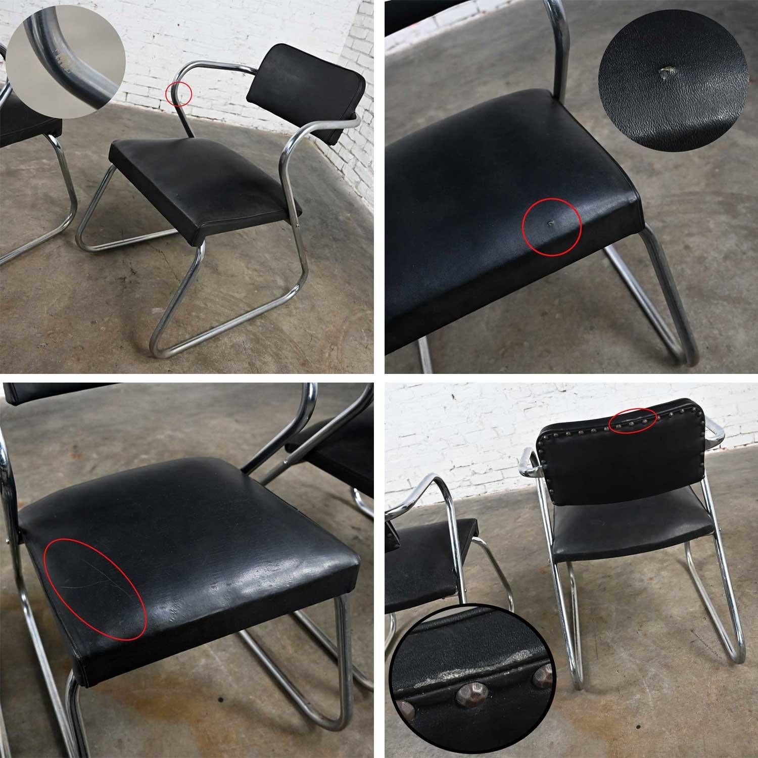 Art Deco Set 3 Chrome Tube & Black Faux Leather Chairs Attr to Kem Weber Z Chair For Sale 10