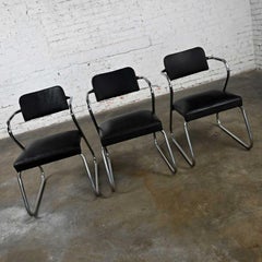 Art Deco Set 3 Chrome Tube & Black Faux Leather Chairs Attr to Kem Weber Z Chair