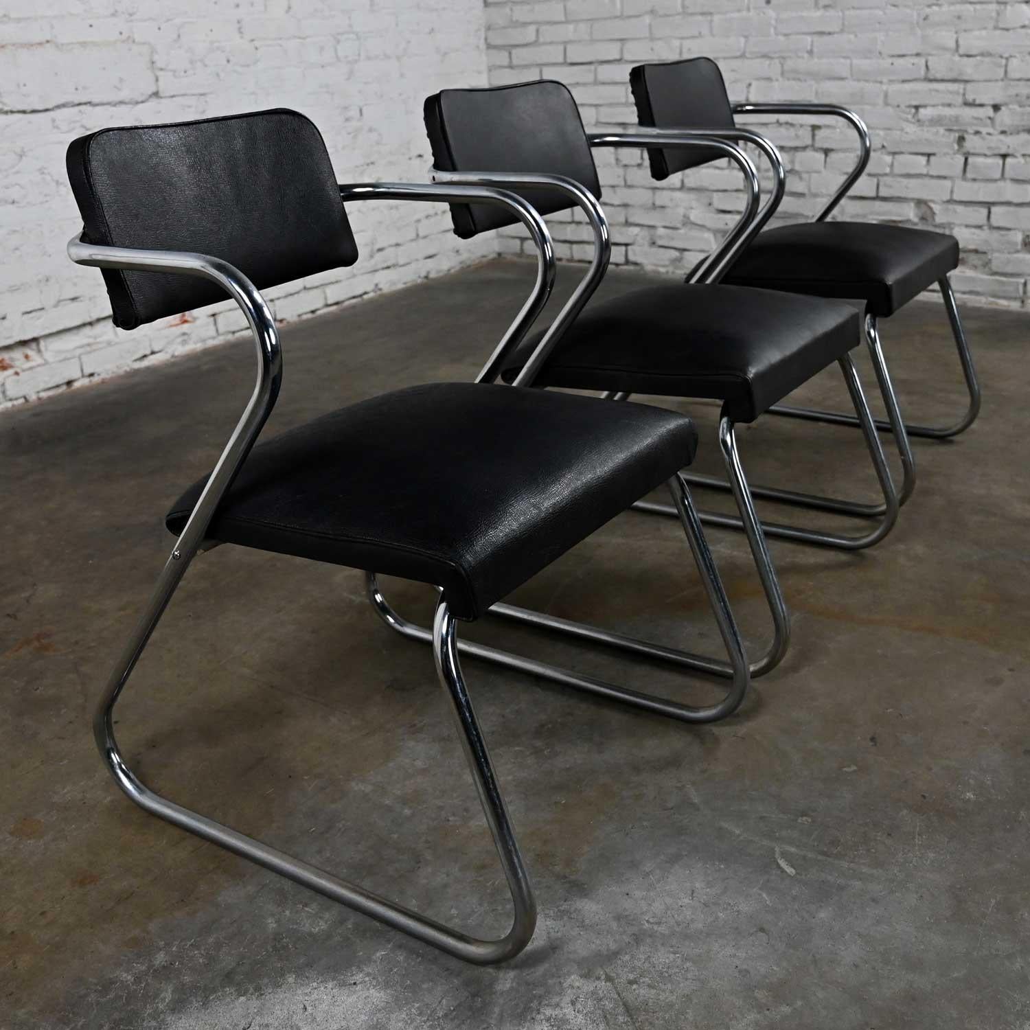 Art Deco Set 3 Chrome Tube & Black Faux Leather Chairs Attr to Kem Weber Z Chair For Sale 1