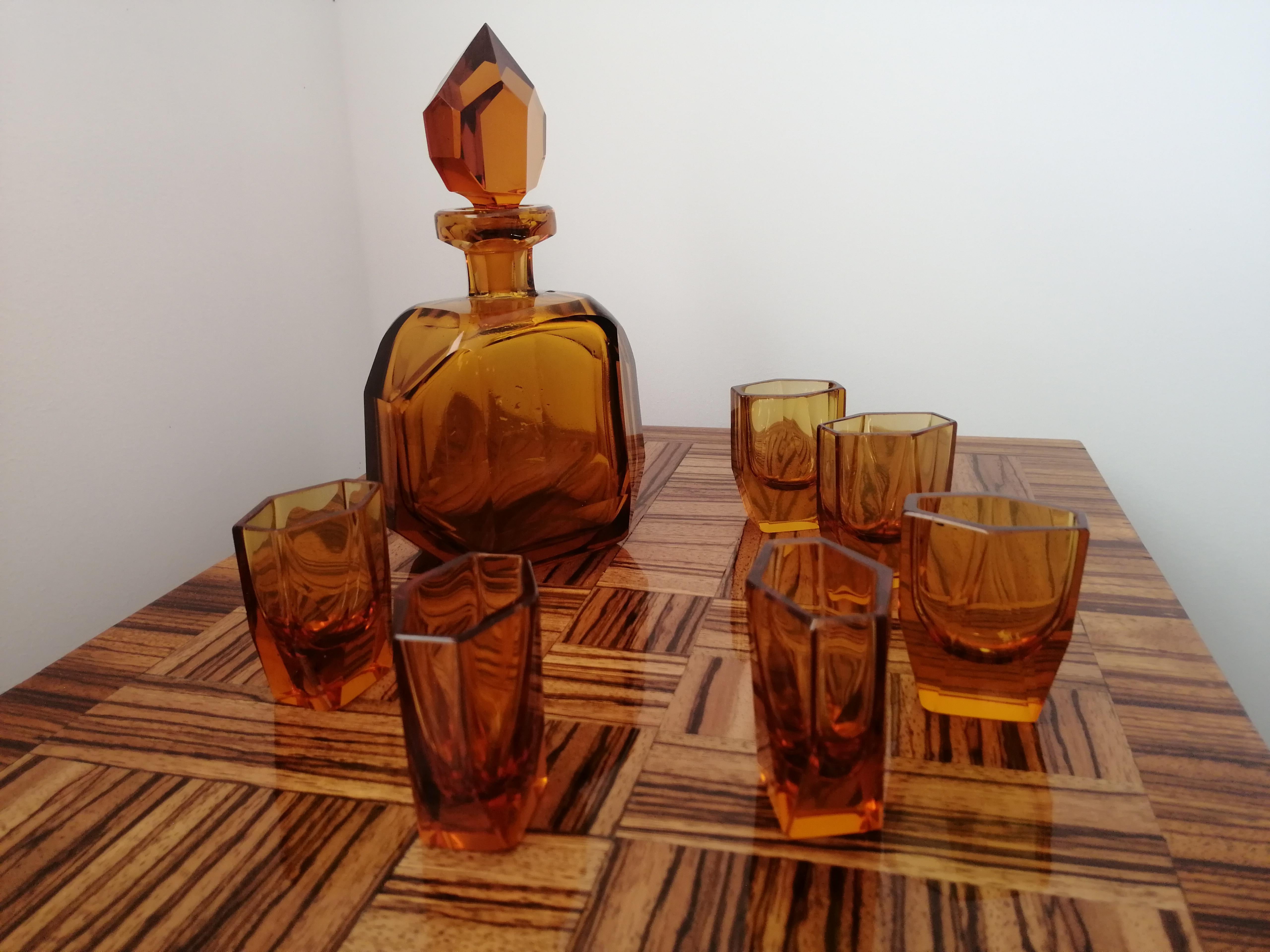 Czech Art Deco Set Decanter and 6 Glasses Moser For Sale