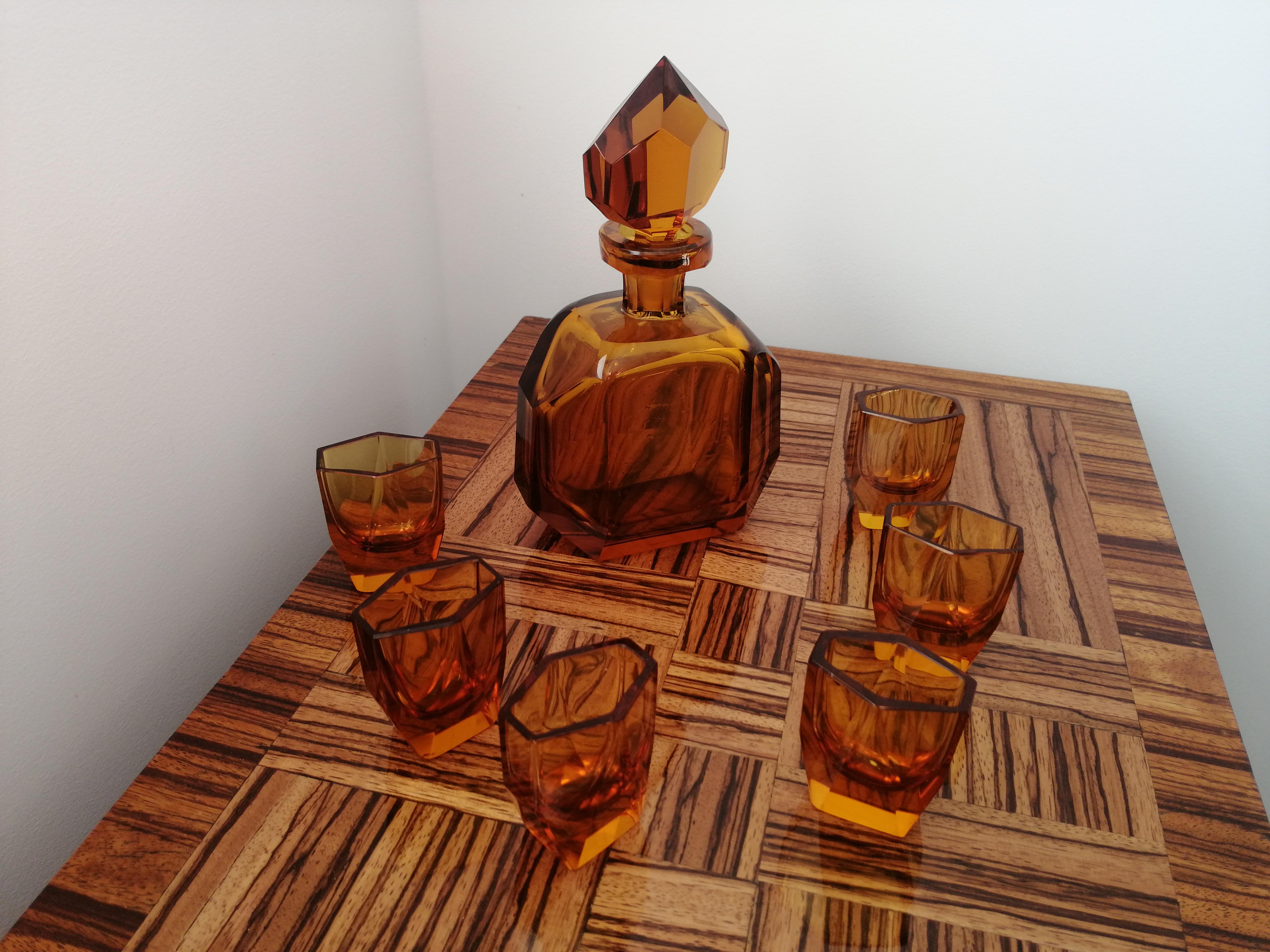 Art Deco Set Decanter and 6 Glasses Moser For Sale 3