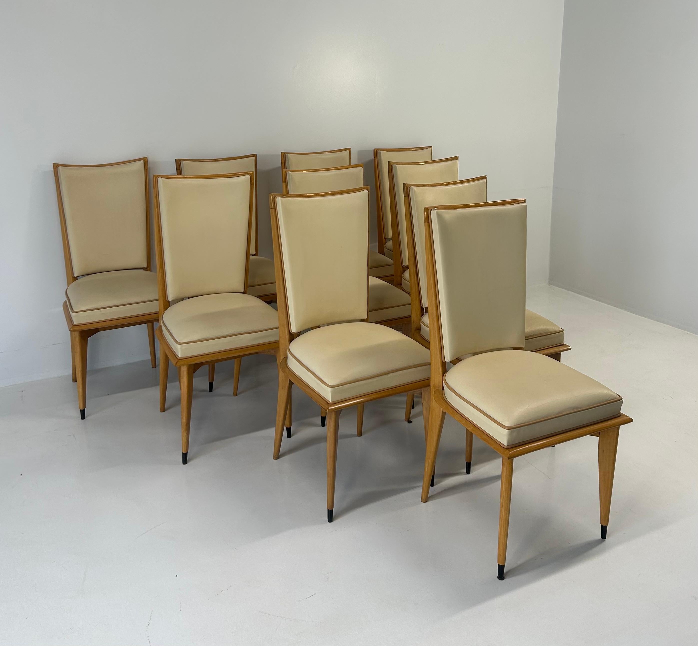 Italiano Set di 10 sedie Art Déco in acero e pelle color crema, anni '30 in vendita