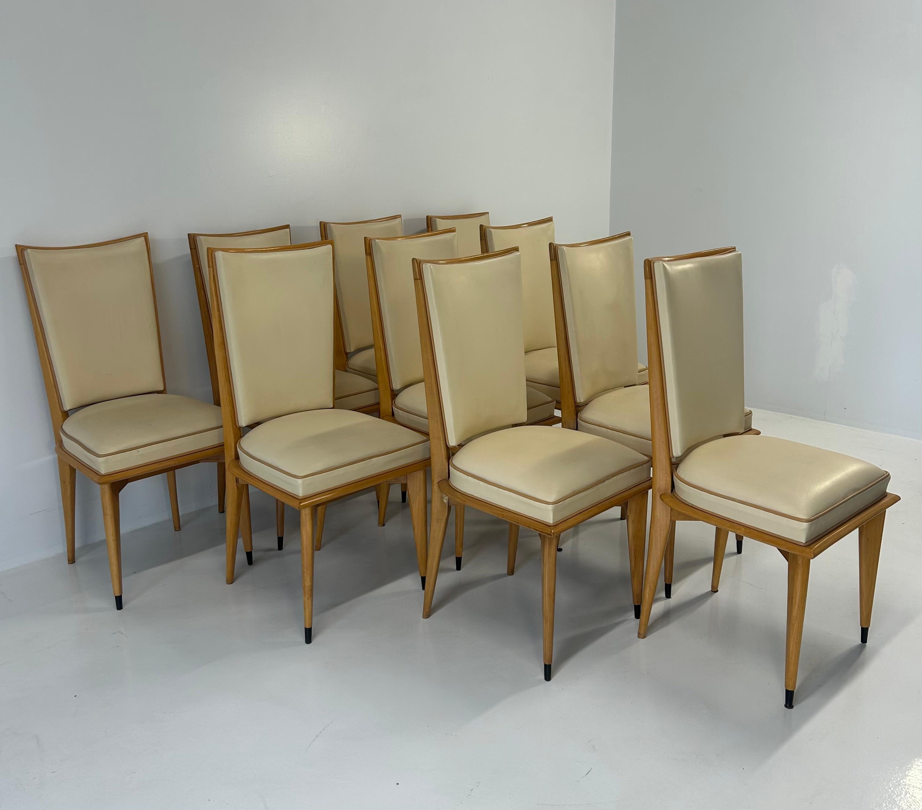 Set di 10 sedie Art Déco in acero e pelle color crema, anni '30 In condizioni buone in vendita a Meda, MB