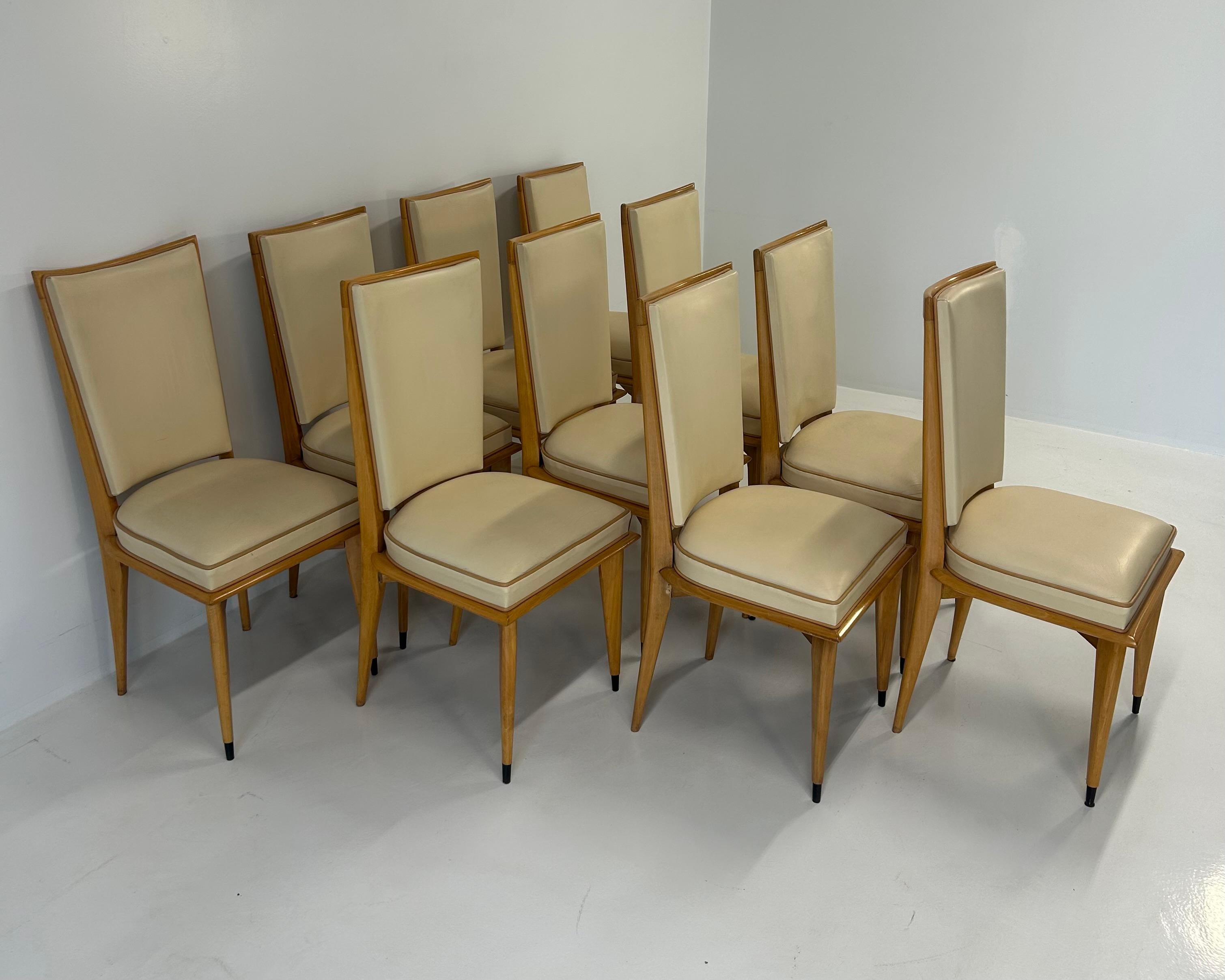 Metà XX secolo Set di 10 sedie Art Déco in acero e pelle color crema, anni '30 in vendita