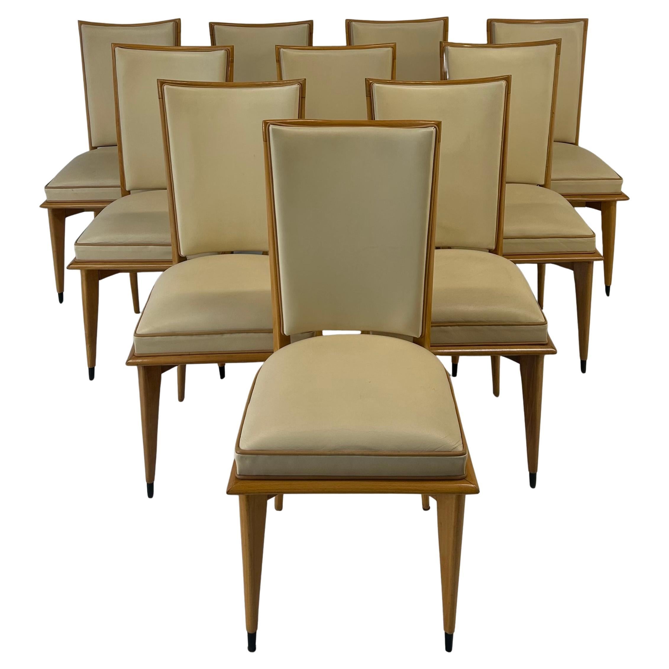 Set di 10 sedie Art Déco in acero e pelle color crema, anni '30 in vendita