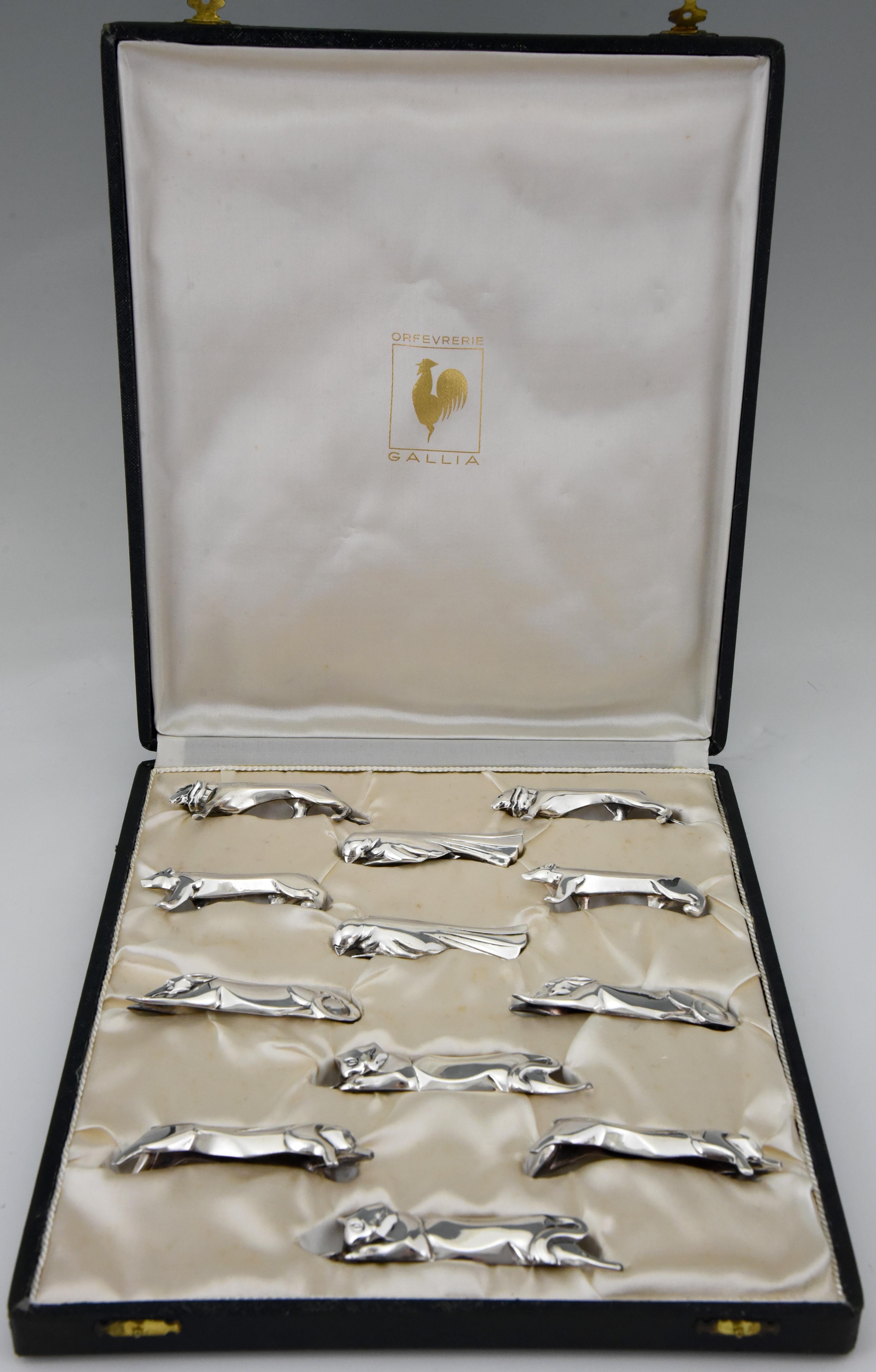 French Art Deco Set of 12 Animal Knife Rests in Case Sandoz for Gallia Christofle, 1930
