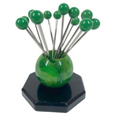 Art Deco Set of 12 Bakelite Cocktail Picks in Jade Green and Black