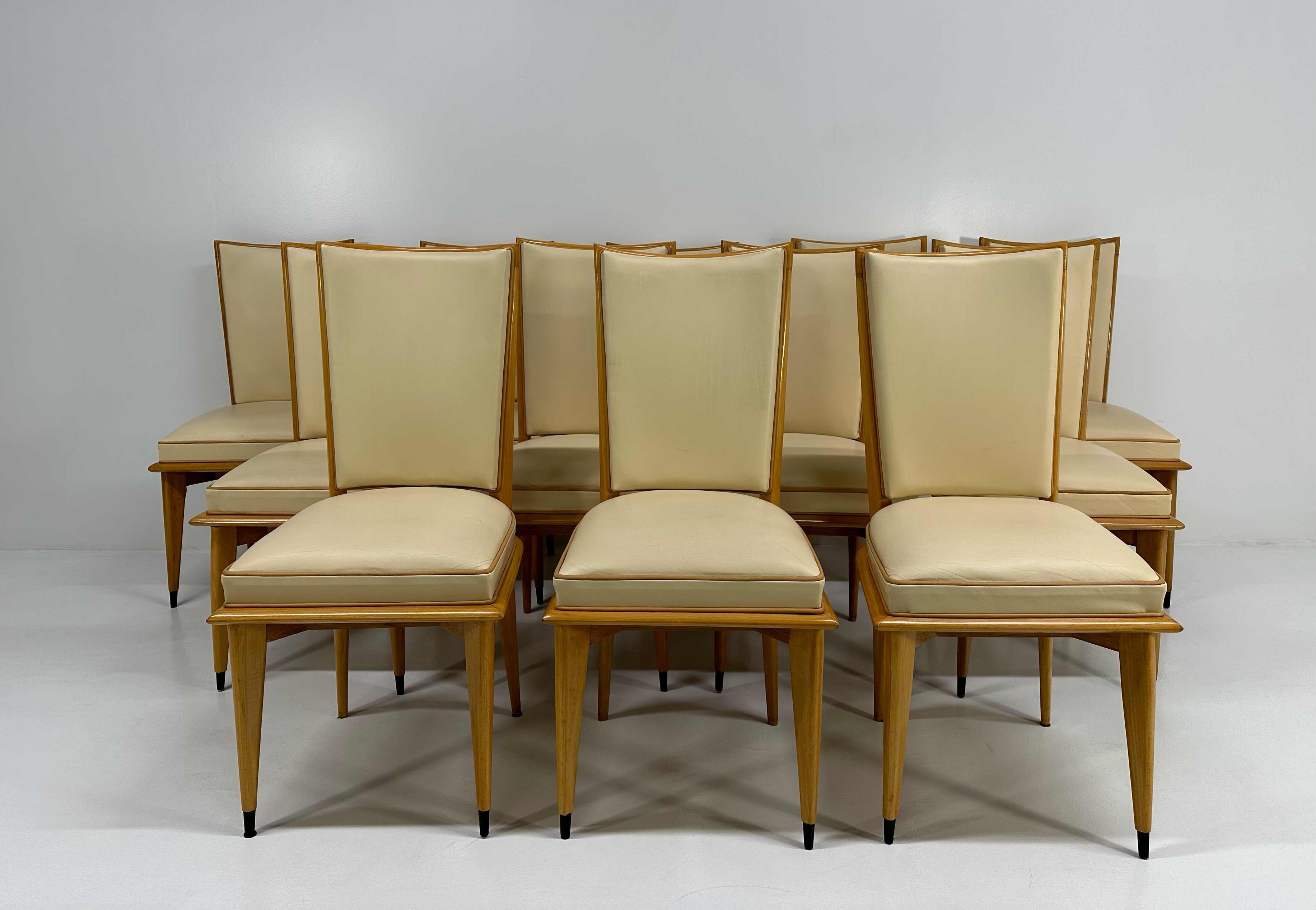 Italiano Set di 12 sedie Art Déco in acero e pelle color crema, anni '30 in vendita
