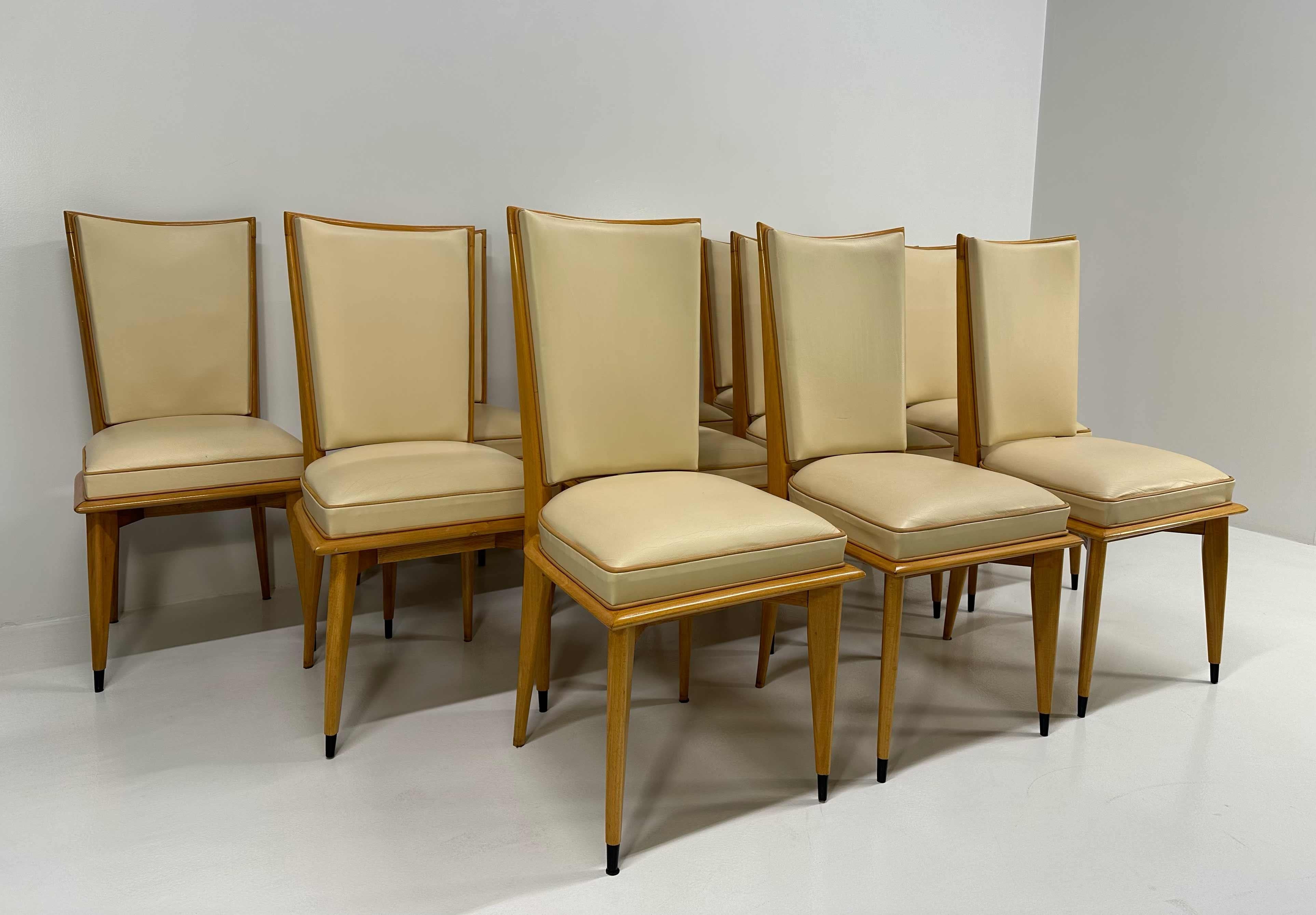 Set di 12 sedie Art Déco in acero e pelle color crema, anni '30 In condizioni buone in vendita a Meda, MB