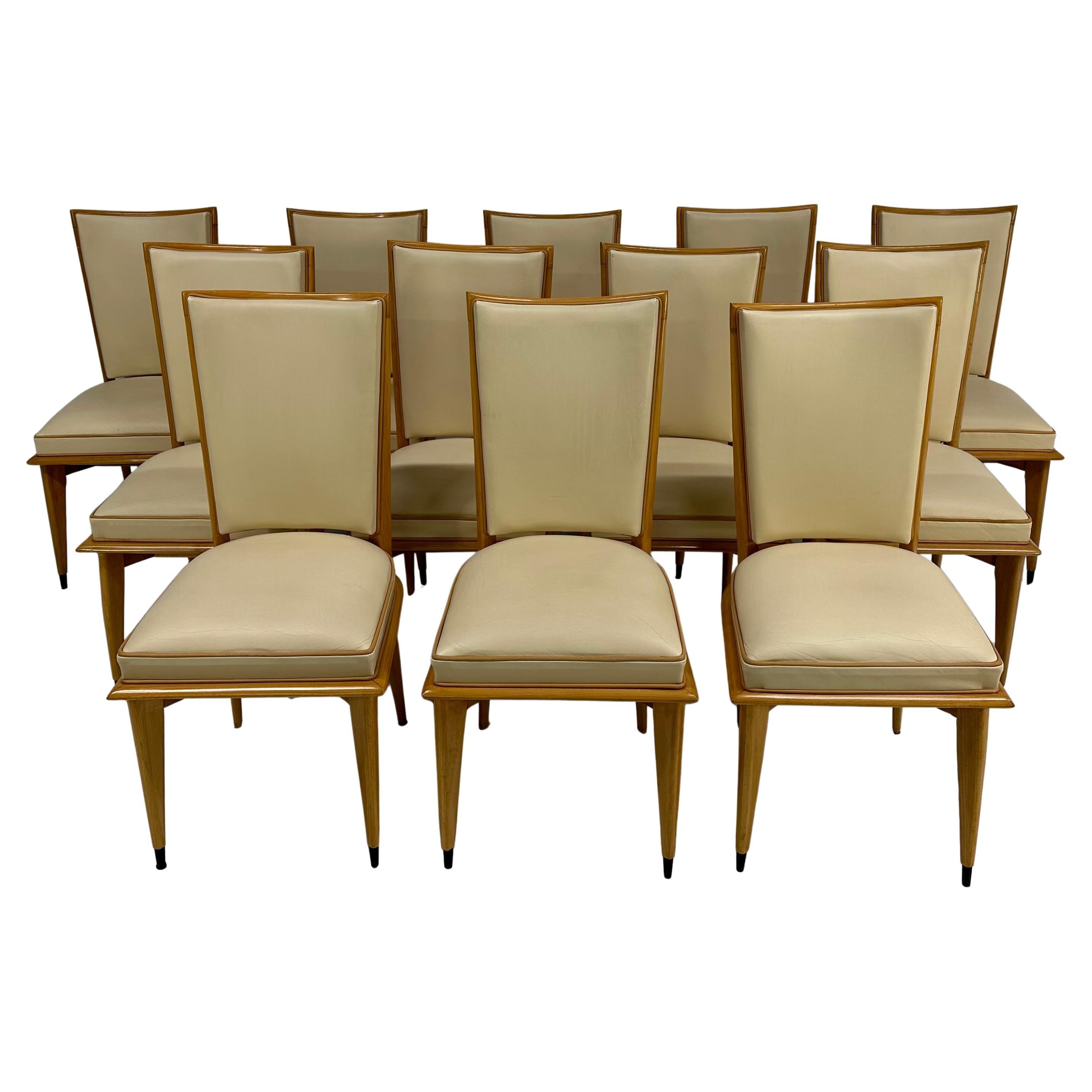 Set di 12 sedie Art Déco in acero e pelle color crema, anni '30 in vendita