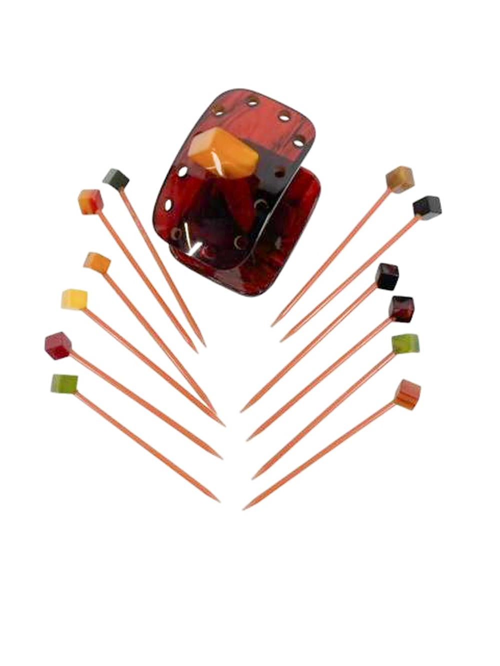 Art Deco Set of 12 Cocktail Picks & Stand in Butterscotch and Tortoise Bakelite In Good Condition In Chapel Hill, NC