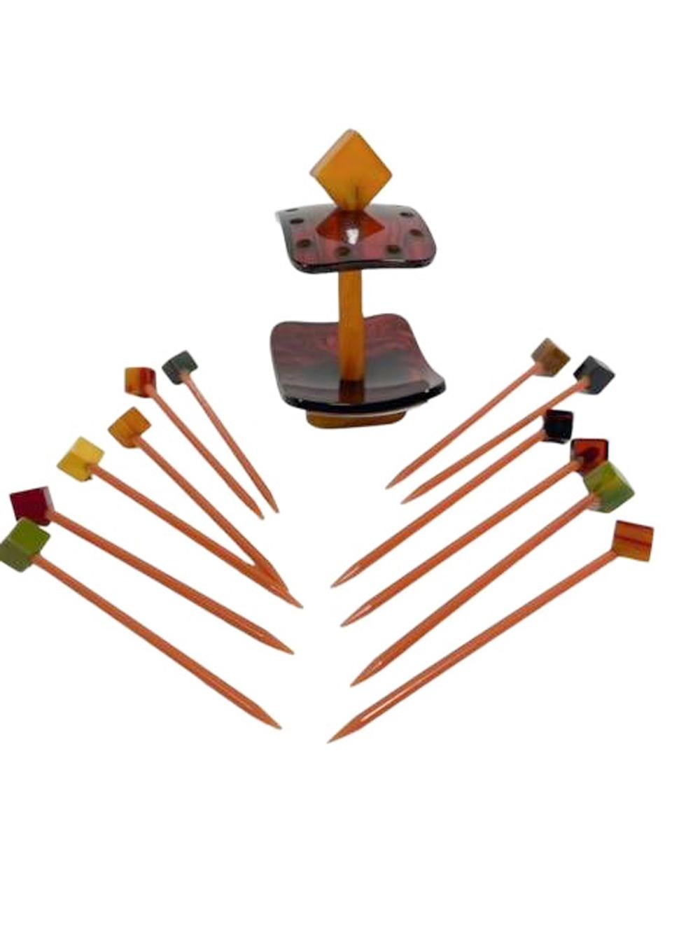 20th Century Art Deco Set of 12 Cocktail Picks & Stand in Butterscotch and Tortoise Bakelite For Sale