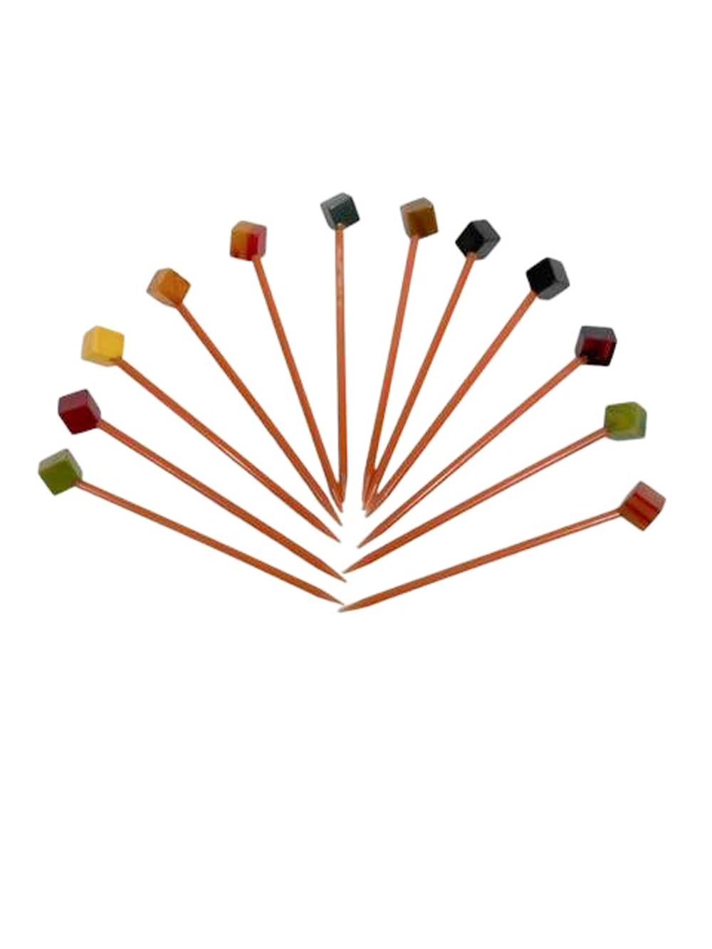 Art Deco Set of 12 Cocktail Picks & Stand in Butterscotch and Tortoise Bakelite For Sale 1