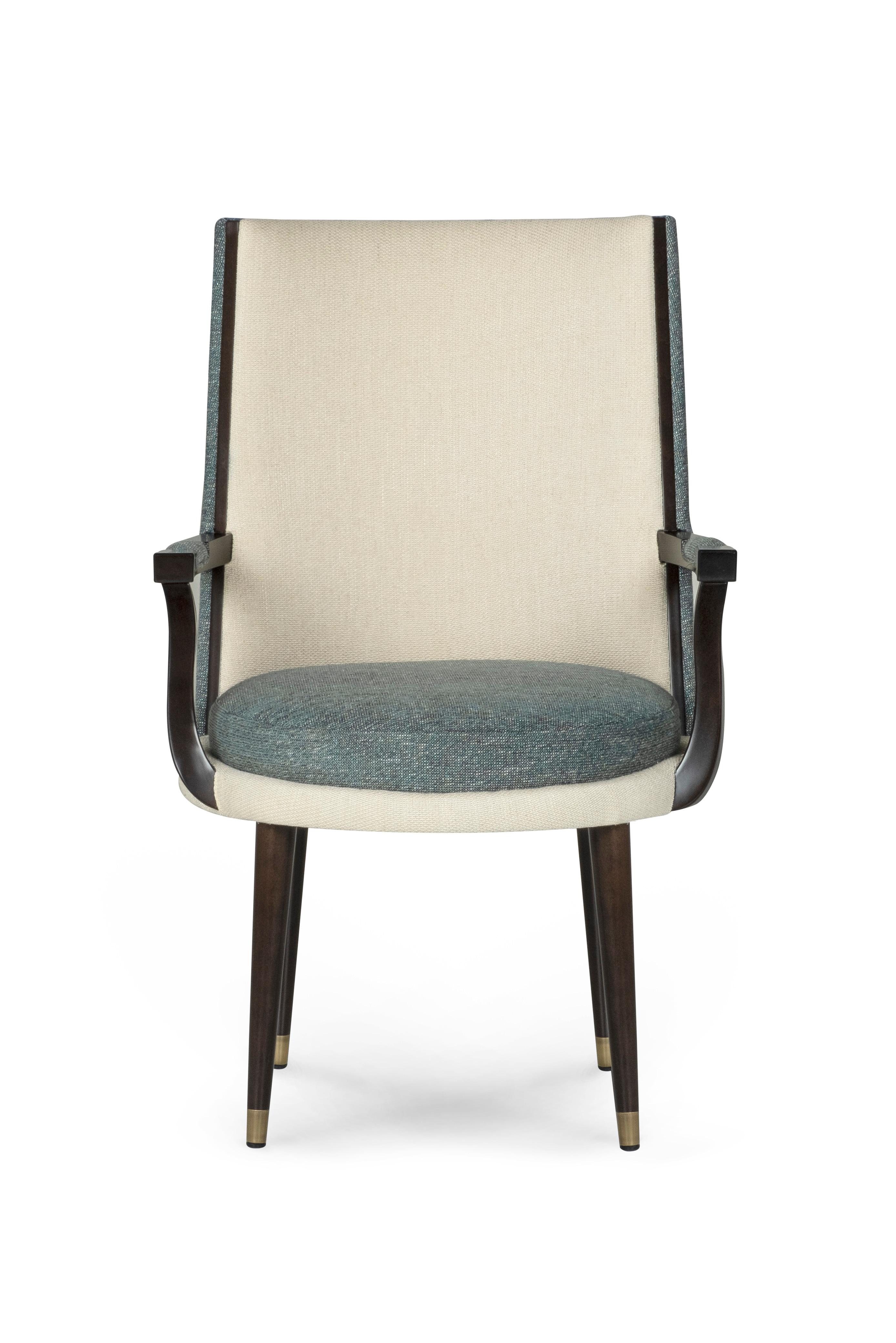 Brushed Art Deco, Set of 2 De Castro Dining Chairs With Arms, Brass, Cotton Greenapple For Sale
