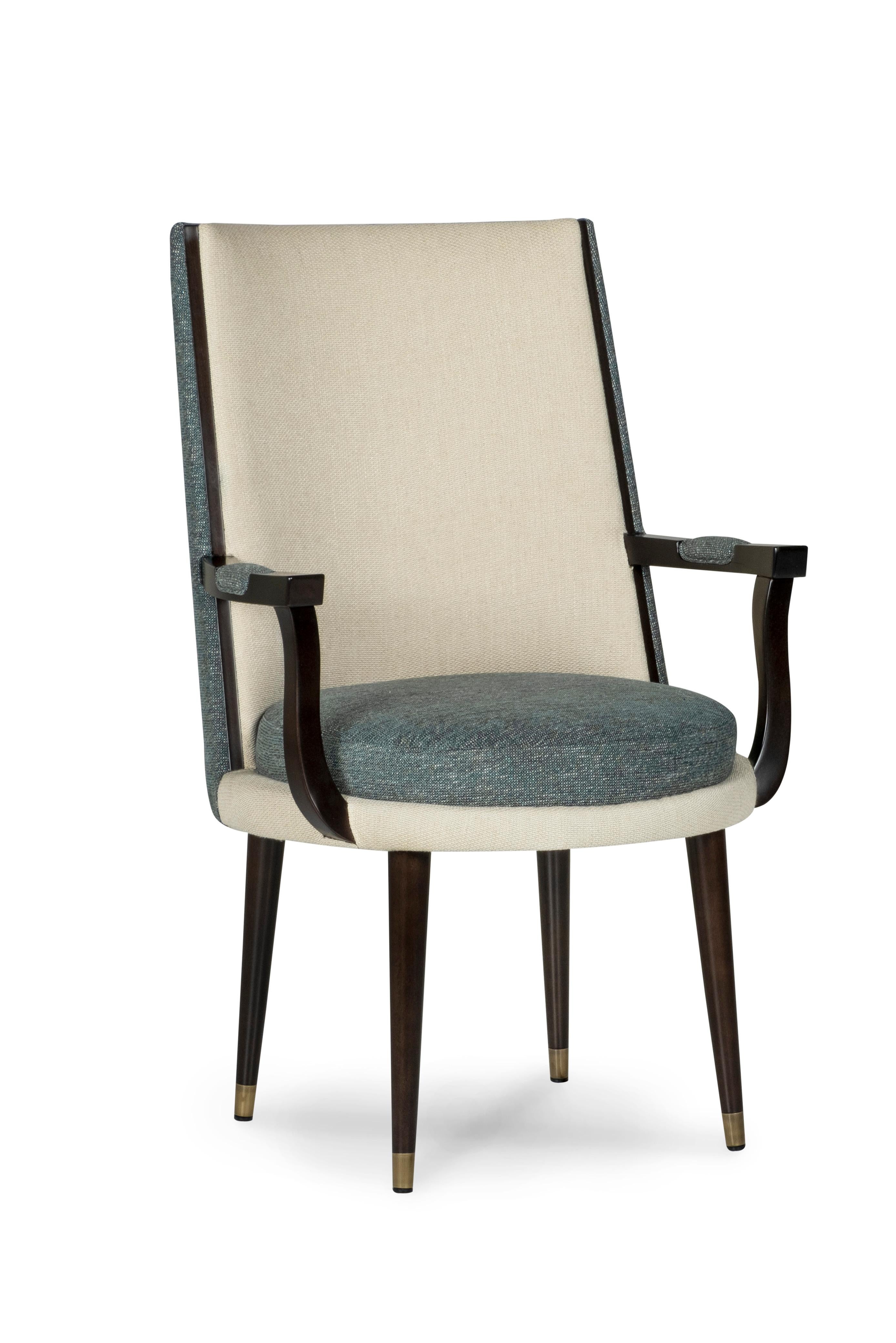 Art Deco, Set of 2 De Castro Dining Chairs With Arms, Brass, Cotton Greenapple In New Condition For Sale In Lisboa, PT