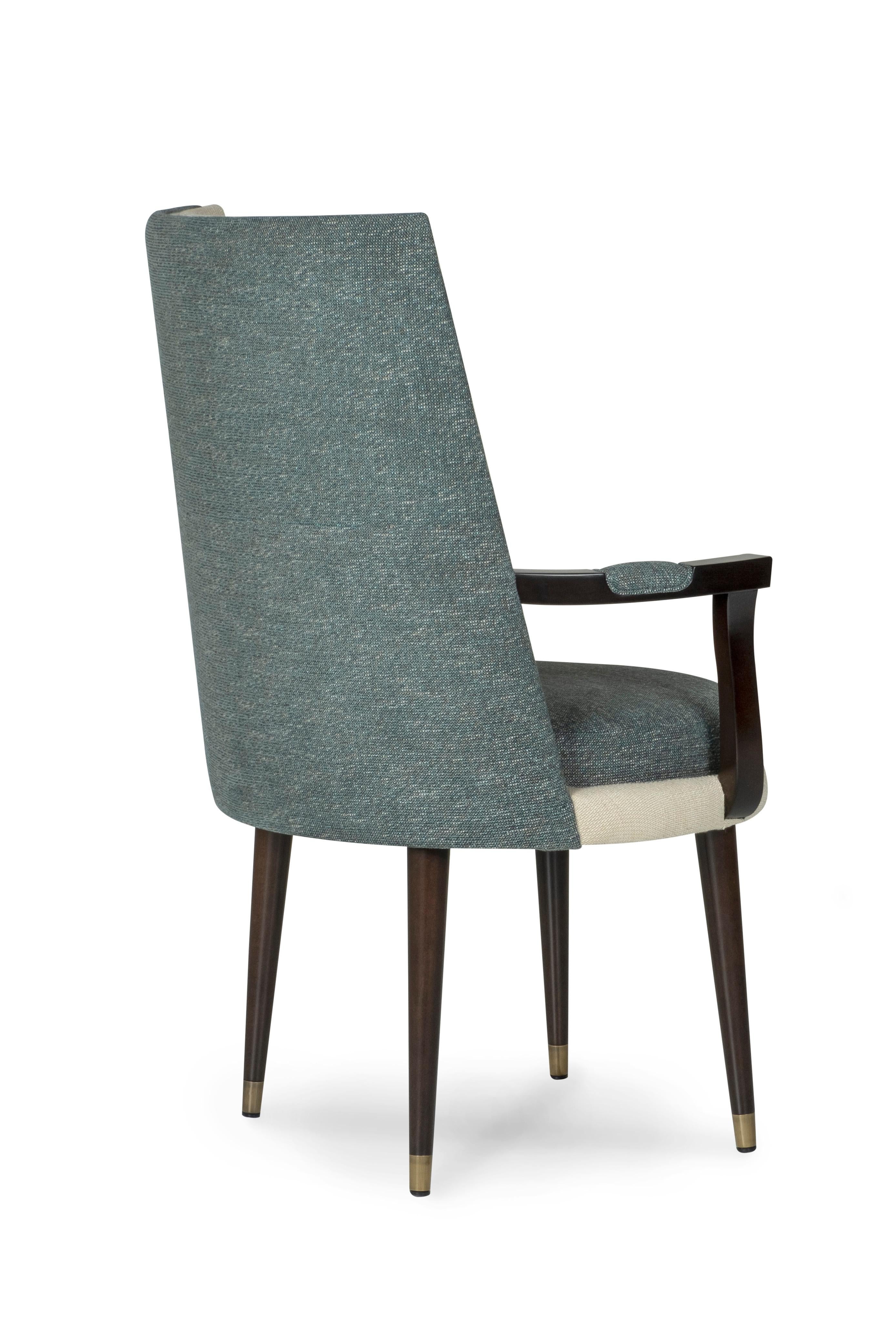 Contemporary Art Deco, Set of 2 De Castro Dining Chairs With Arms, Brass, Cotton Greenapple For Sale