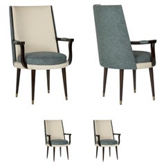 Art Deco, Set of 2 De Castro Dining Chairs With Arms, Brass, Cotton Greenapple