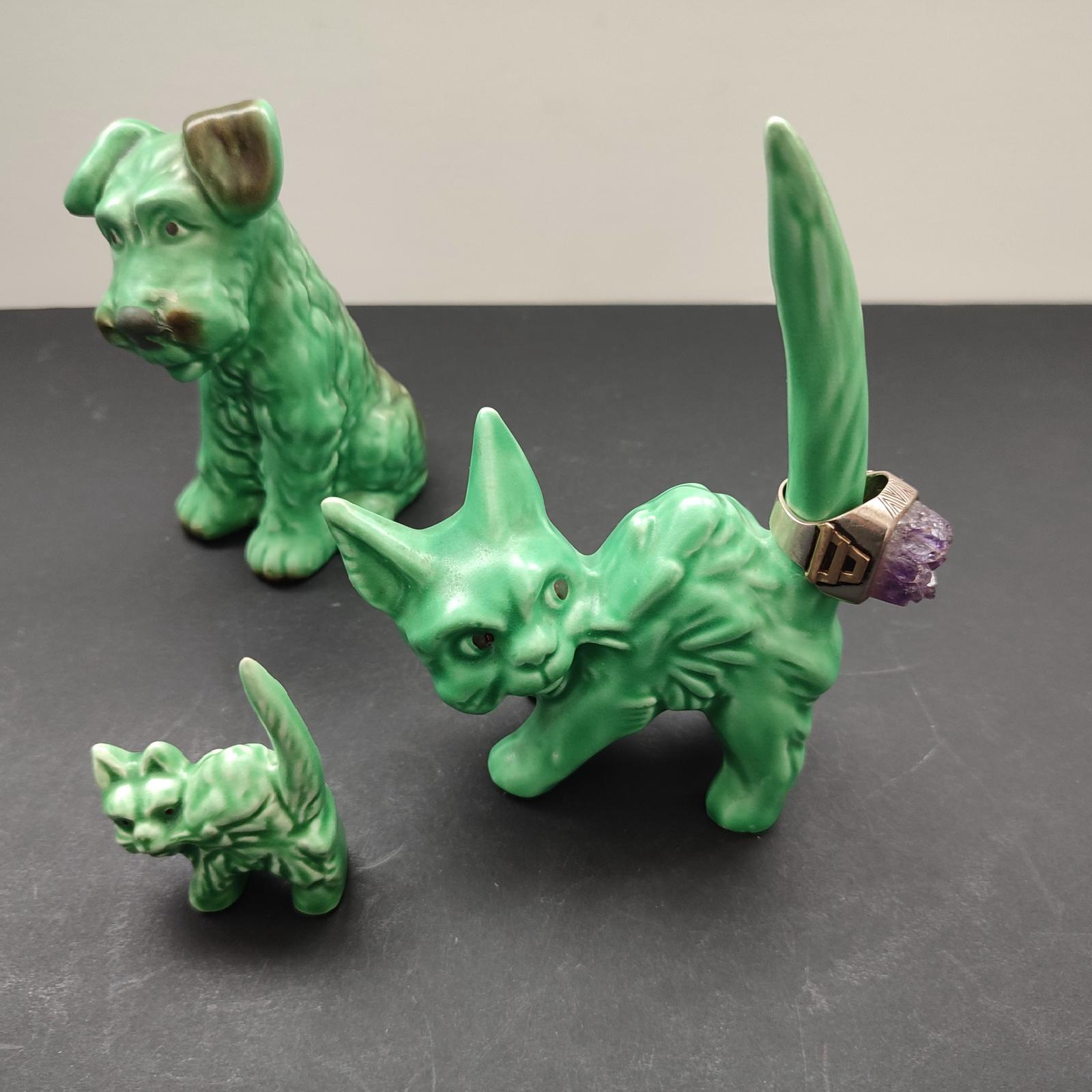 1930s SylvaC green ceramic pair of cats and a dog. All 3 in perfect condition, cute and very collectable.
Marked on the bottom with maker's mark, form/model number and Impressed 
