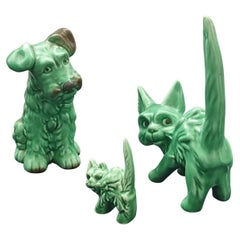 Vintage Art Deco Set of 3 Collectible Green Ceramic Figurines, England, 1930s