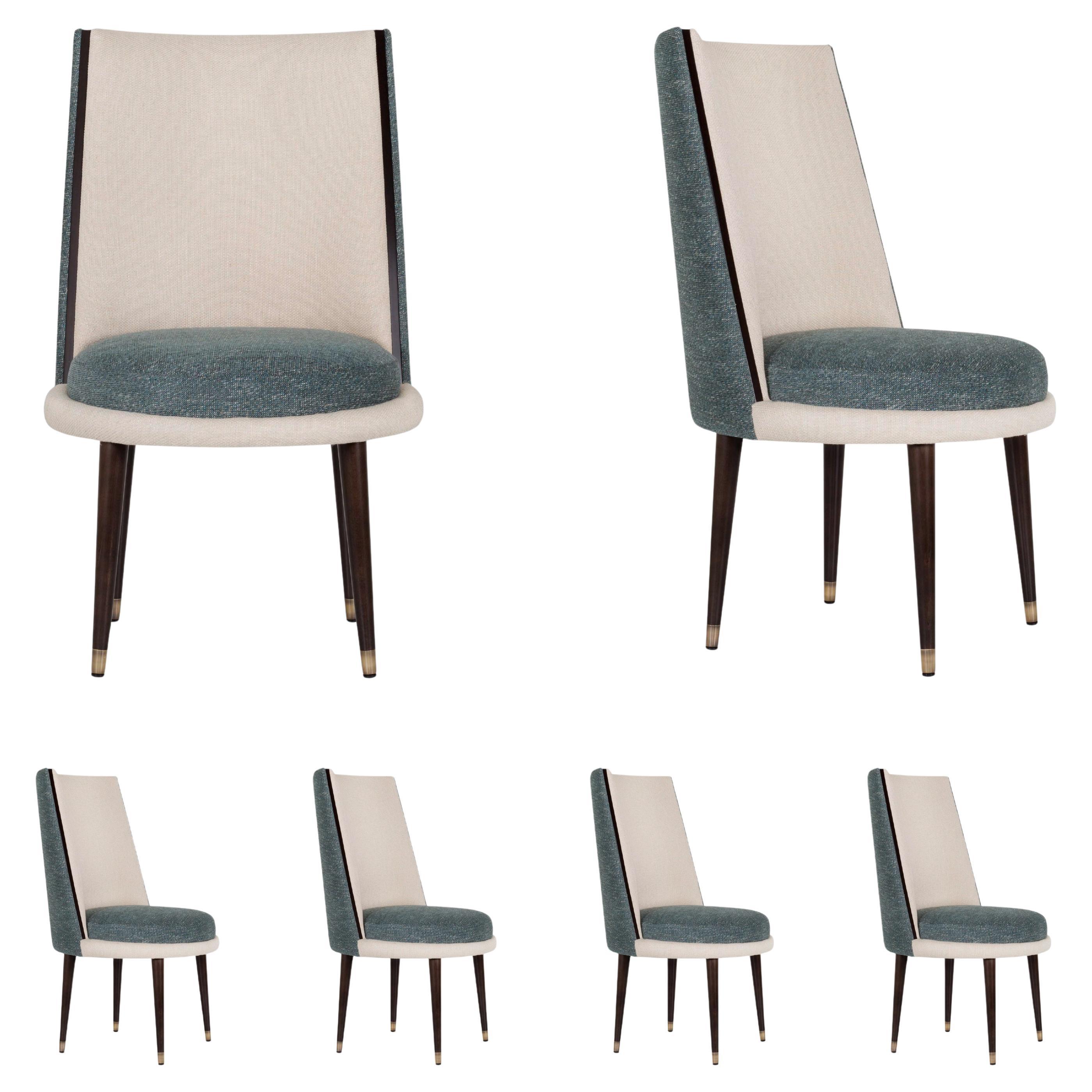 Art Deco Set of 4 De Castro Dining Chairs, Brass, Oak Cotton, Brass, Greenapple