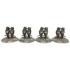 Antique Art Deco Set of 4 Place Card / Menu Holders with Twin Owls on Branches