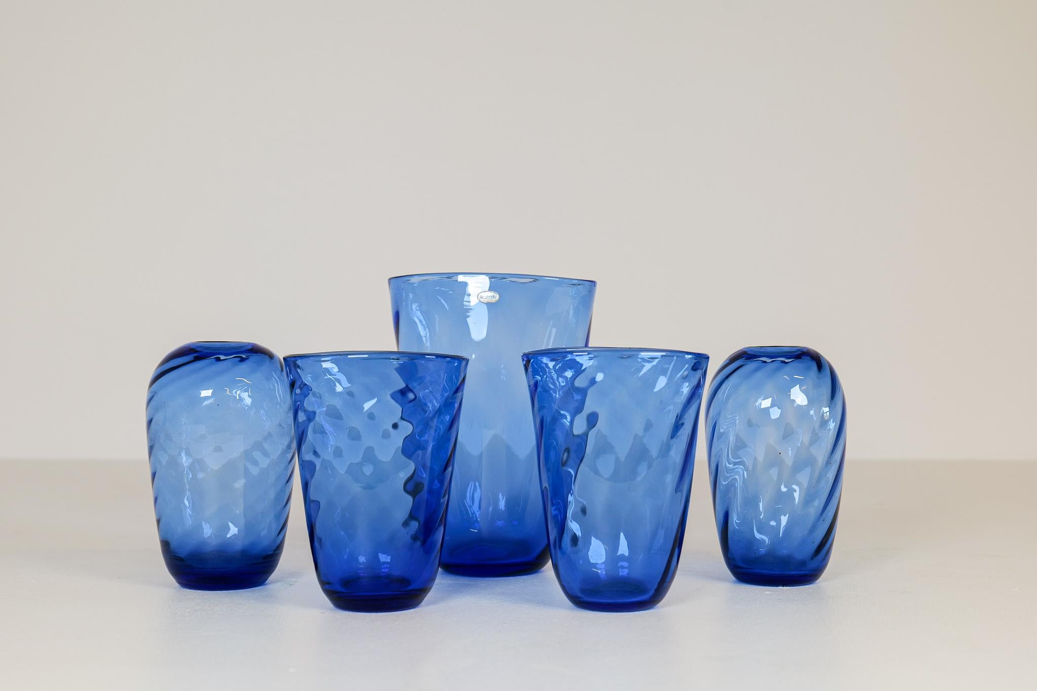 Scandinavian Modern Art Deco Set of 5 Glass Vases Reijmyre, Sweden, 1940s