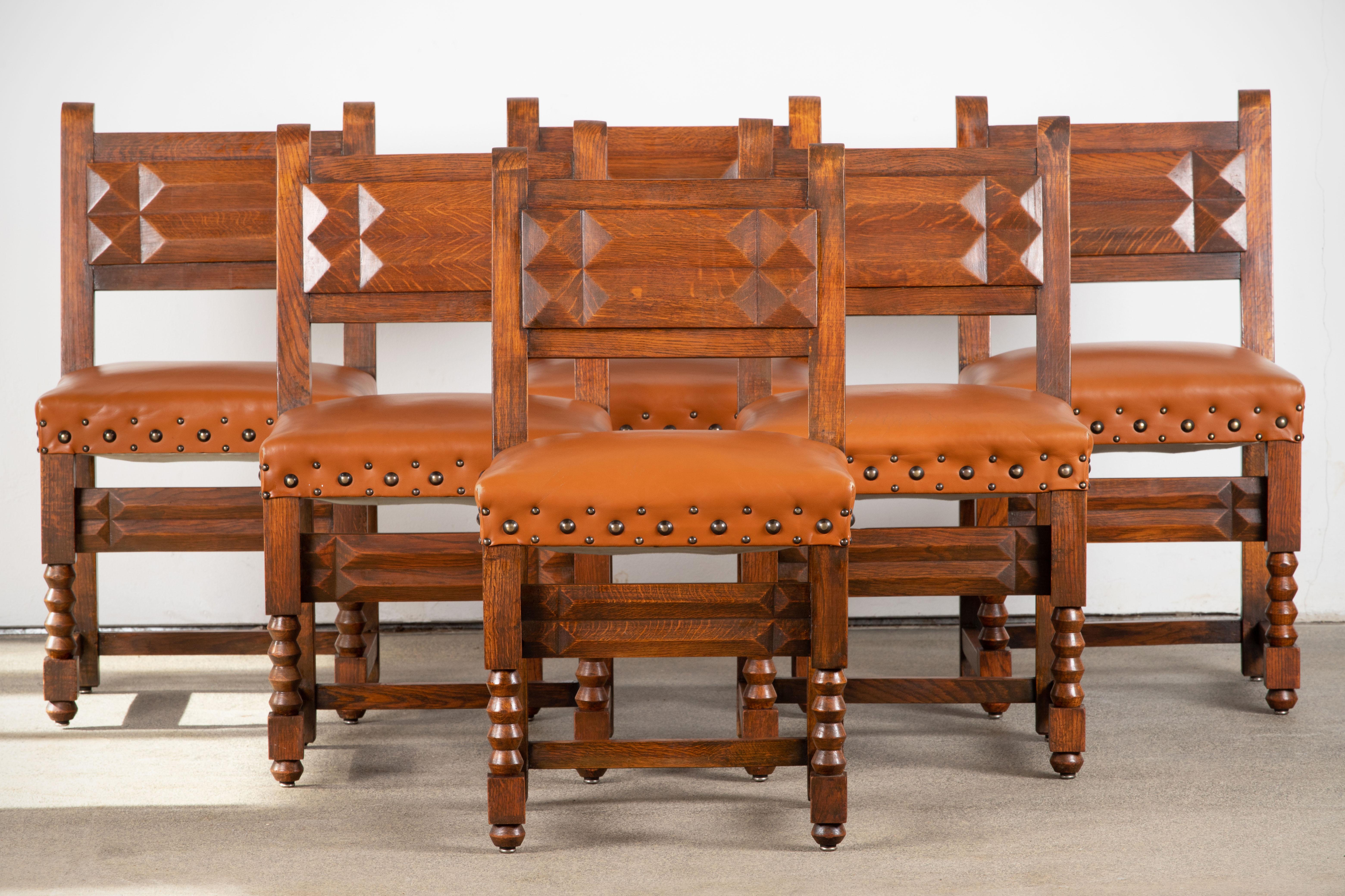 Oak Art Deco Set of 6 Chairs, Dudouyt, France, 1940 For Sale