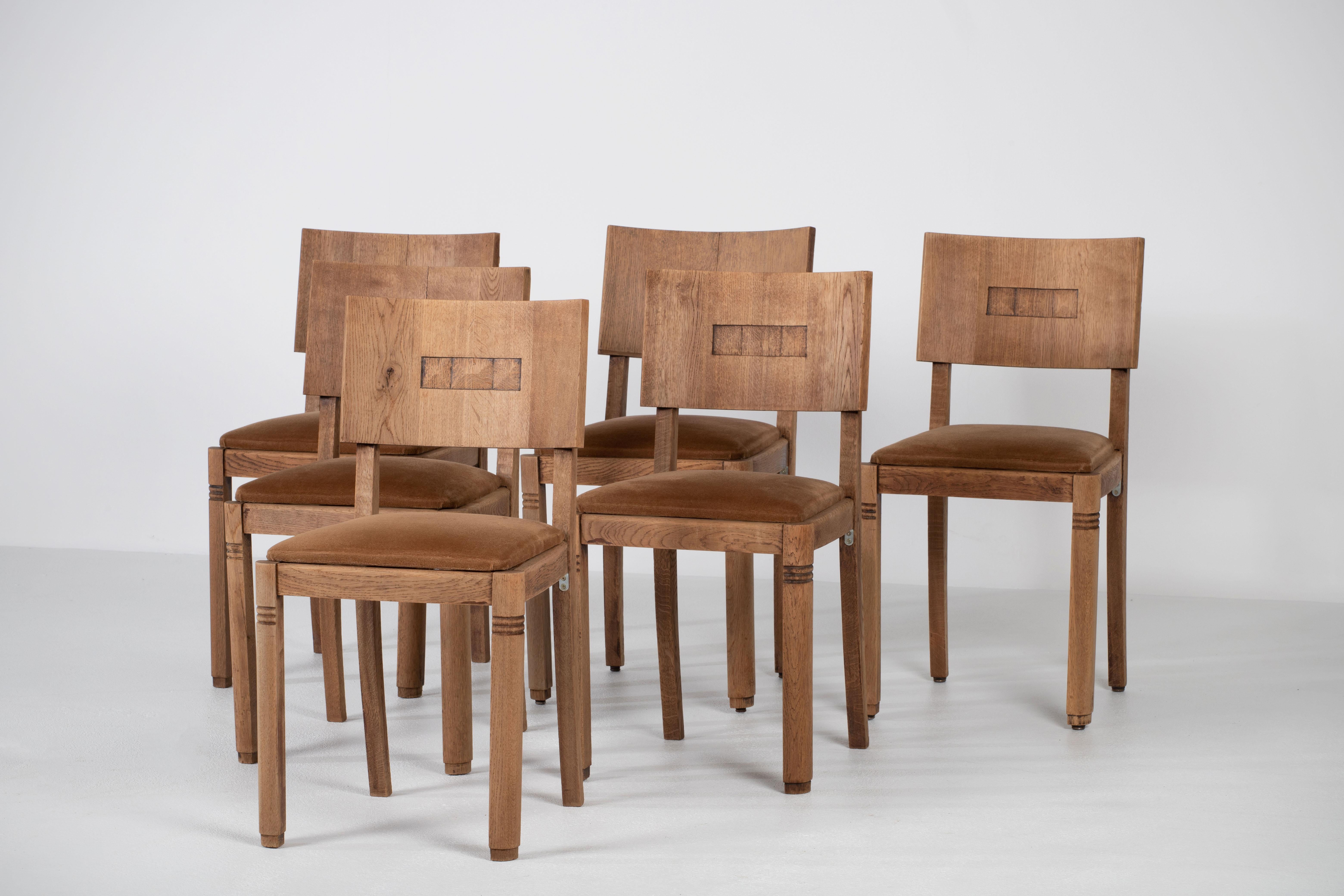 French Art Deco Set of 6 Chairs, Dudouyt Insp, France, 1940 For Sale