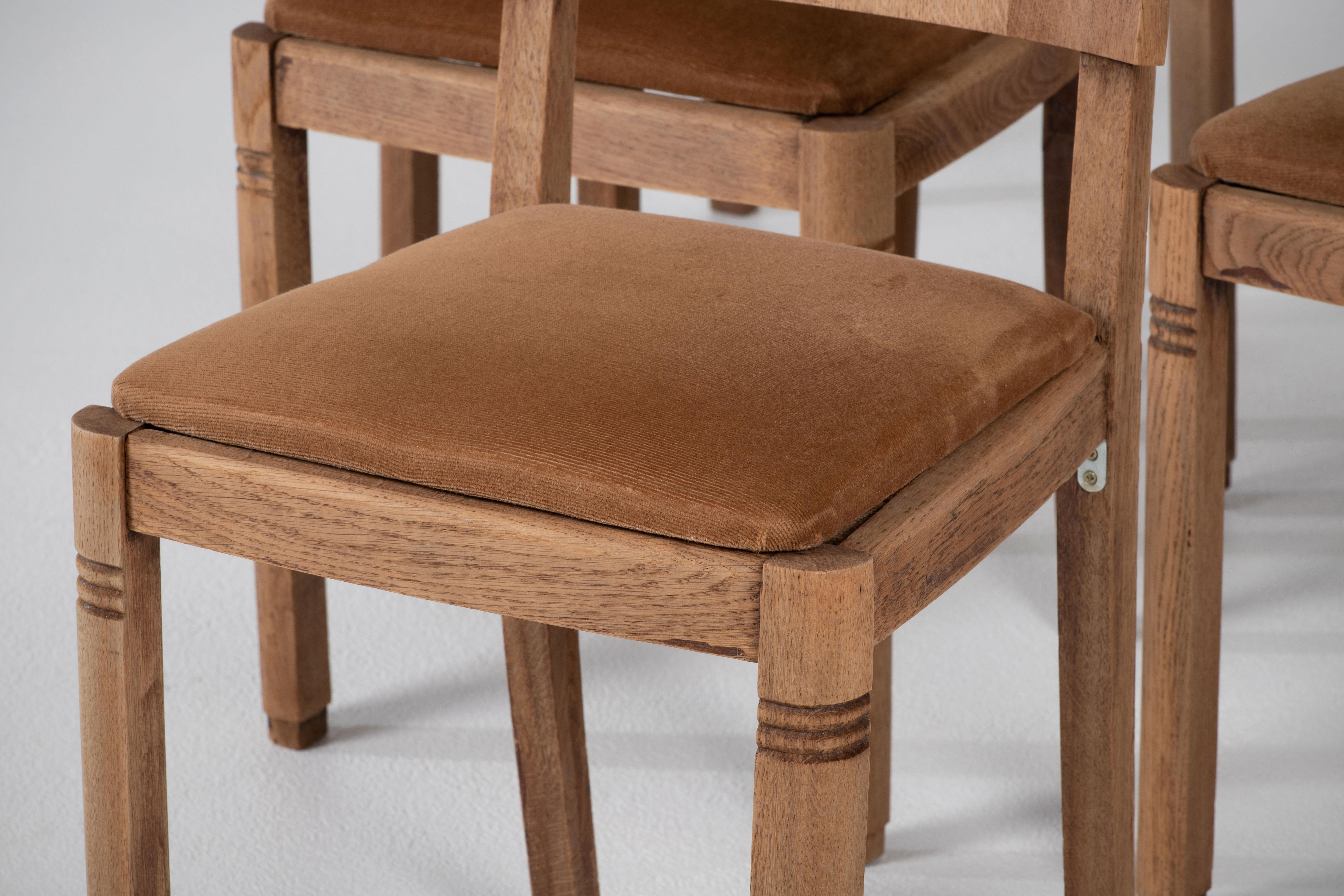 Oak Art Deco Set of 6 Chairs, Dudouyt Insp, France, 1940 For Sale