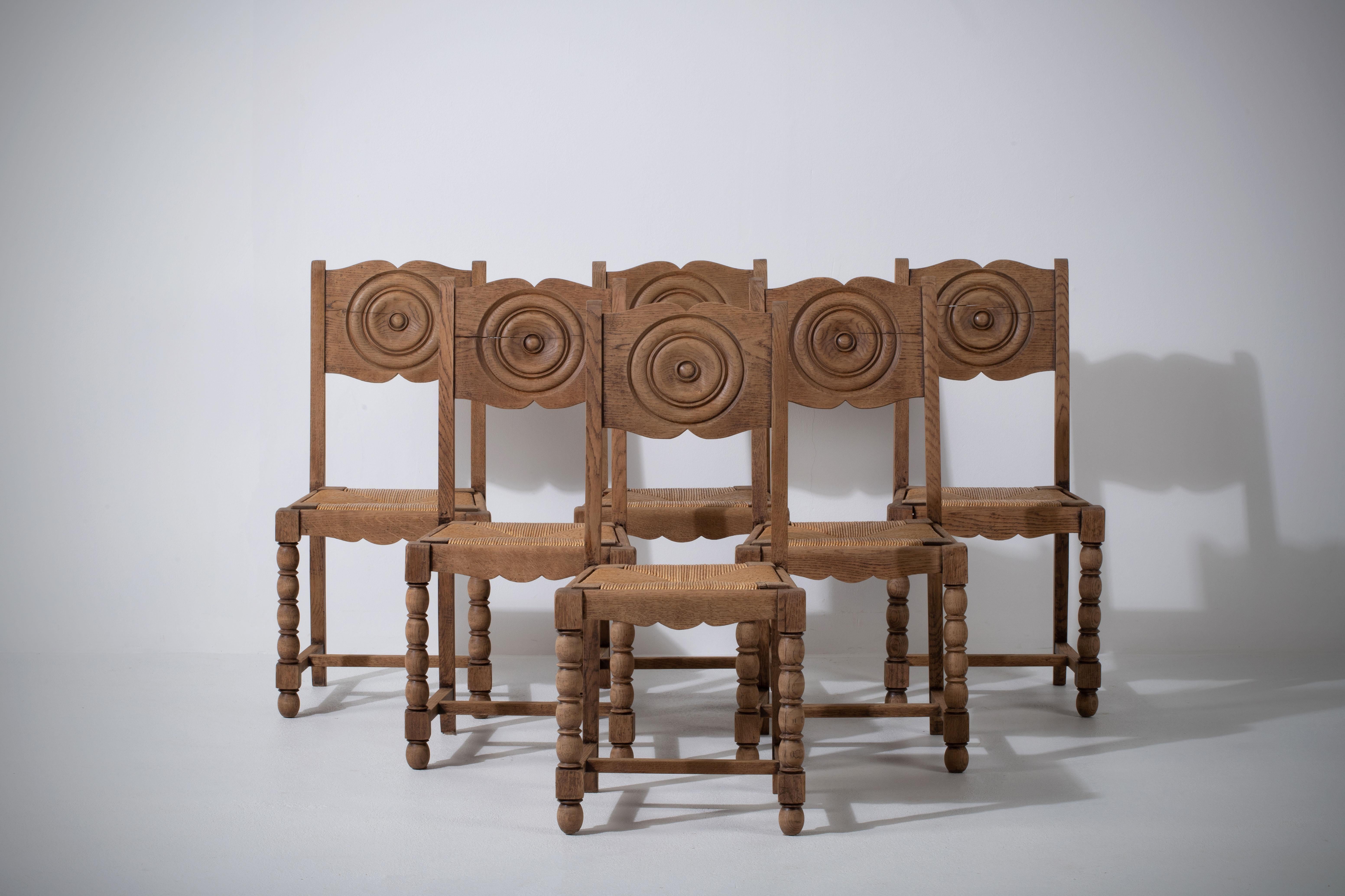 Mid-20th Century Art Deco Set of 6 Chairs, Dudouyt Insp, France, 1940 For Sale