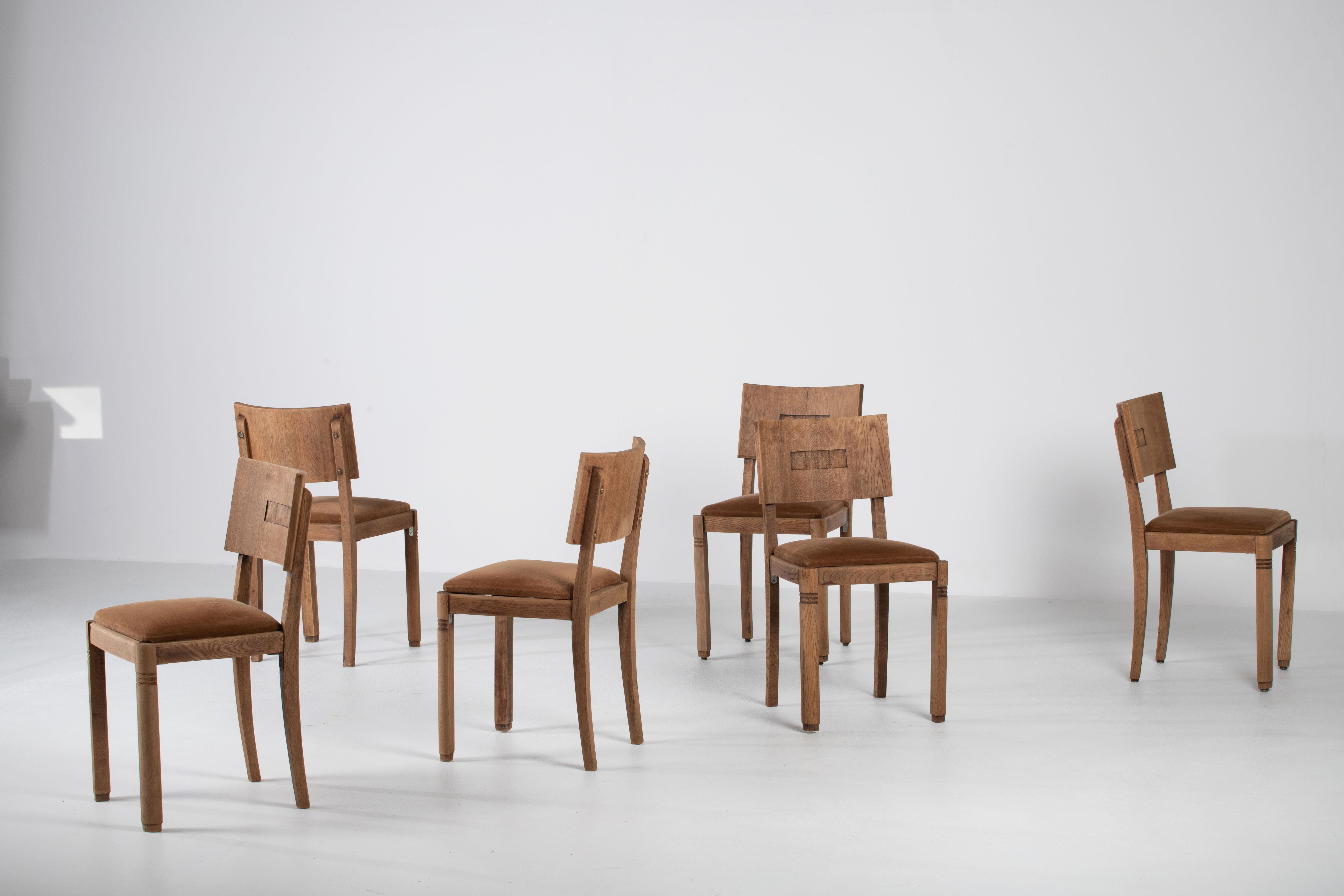 Chêne Ensemble de 6 chaises Art Déco, Dudouyt Insp, France, 1940