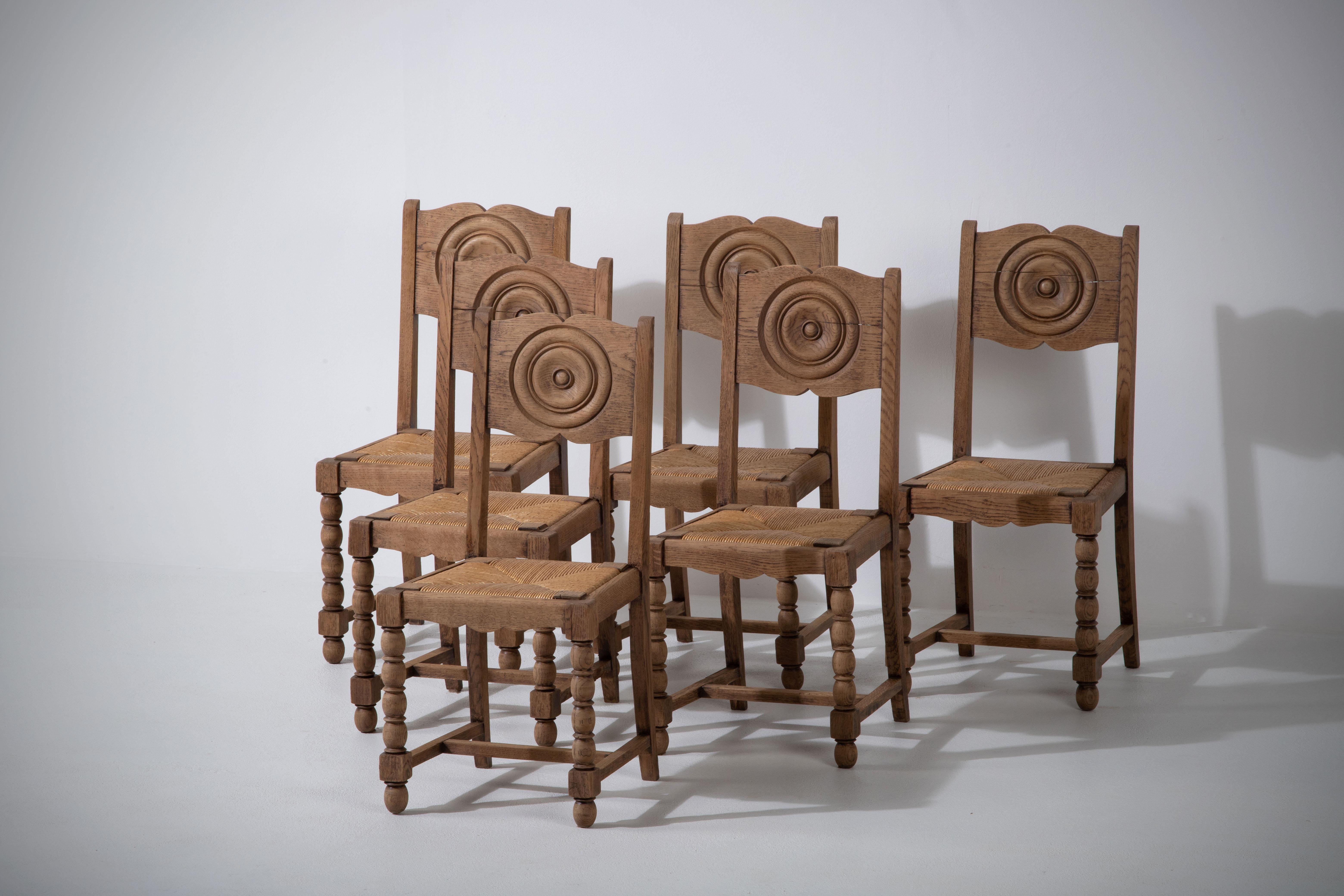 Oak Art Deco Set of 6 Chairs, Dudouyt Insp, France, 1940 For Sale