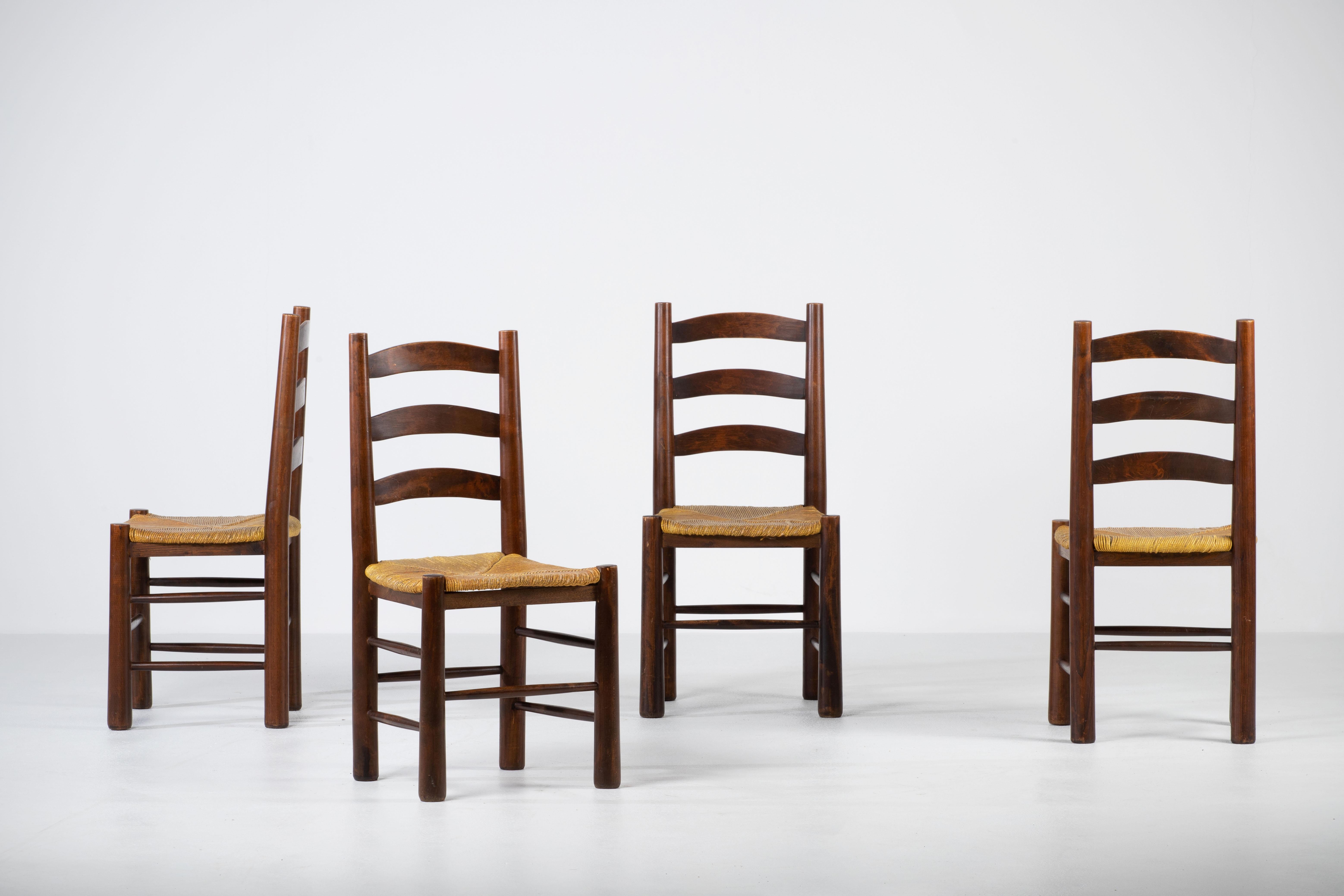 French Mid-Century Set of 6 Chairs in style of Perriand, France, 1940 For Sale