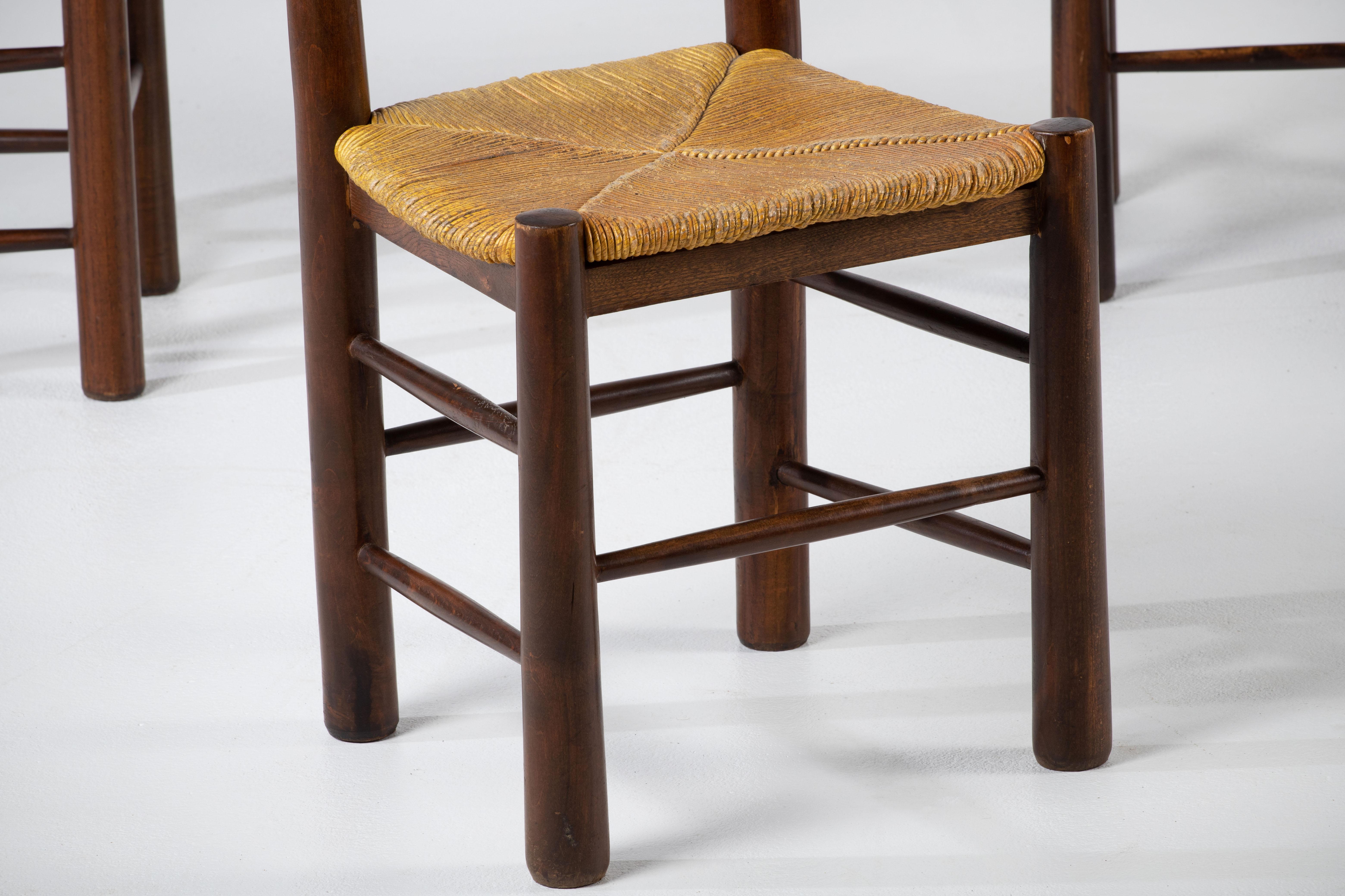 Oak Mid-Century Set of 6 Chairs in style of Perriand, France, 1940 For Sale