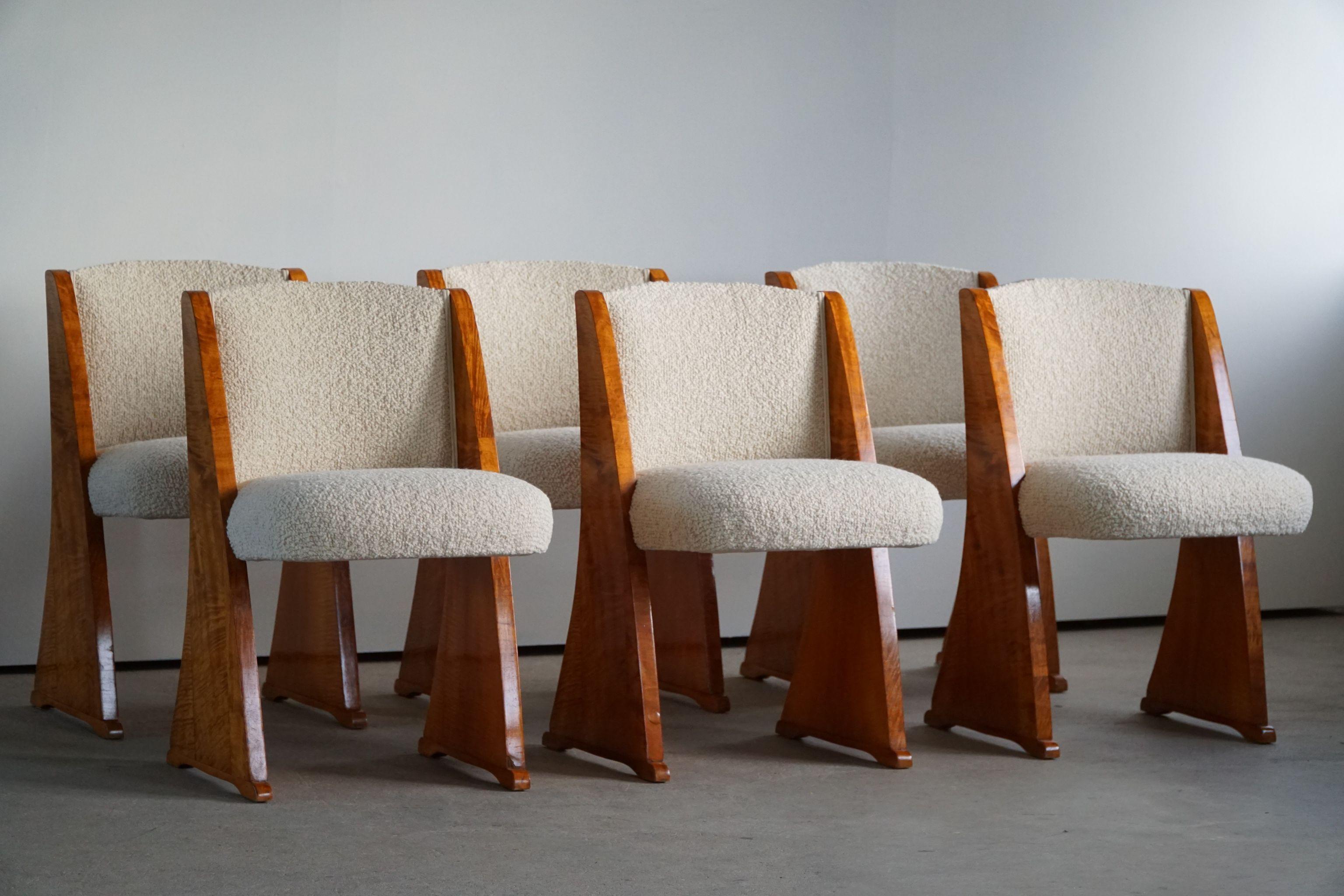 Art déco, ensemble de 6 chaises de salle à manger en bouleau et bouclé, design danois, fabriqué dans les années 1930 1