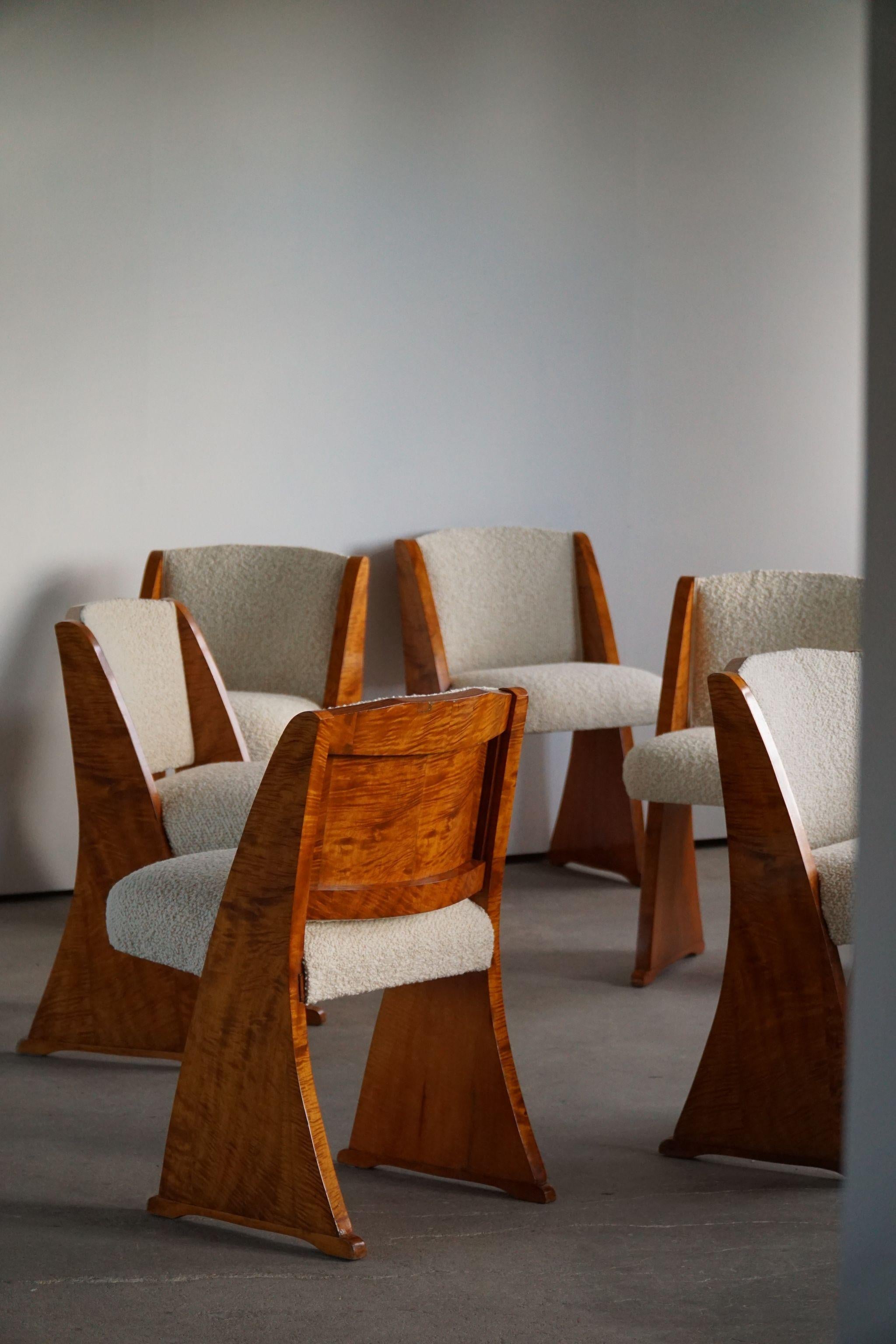 Art déco, ensemble de 6 chaises de salle à manger en bouleau et bouclé, design danois, fabriqué dans les années 1930 5
