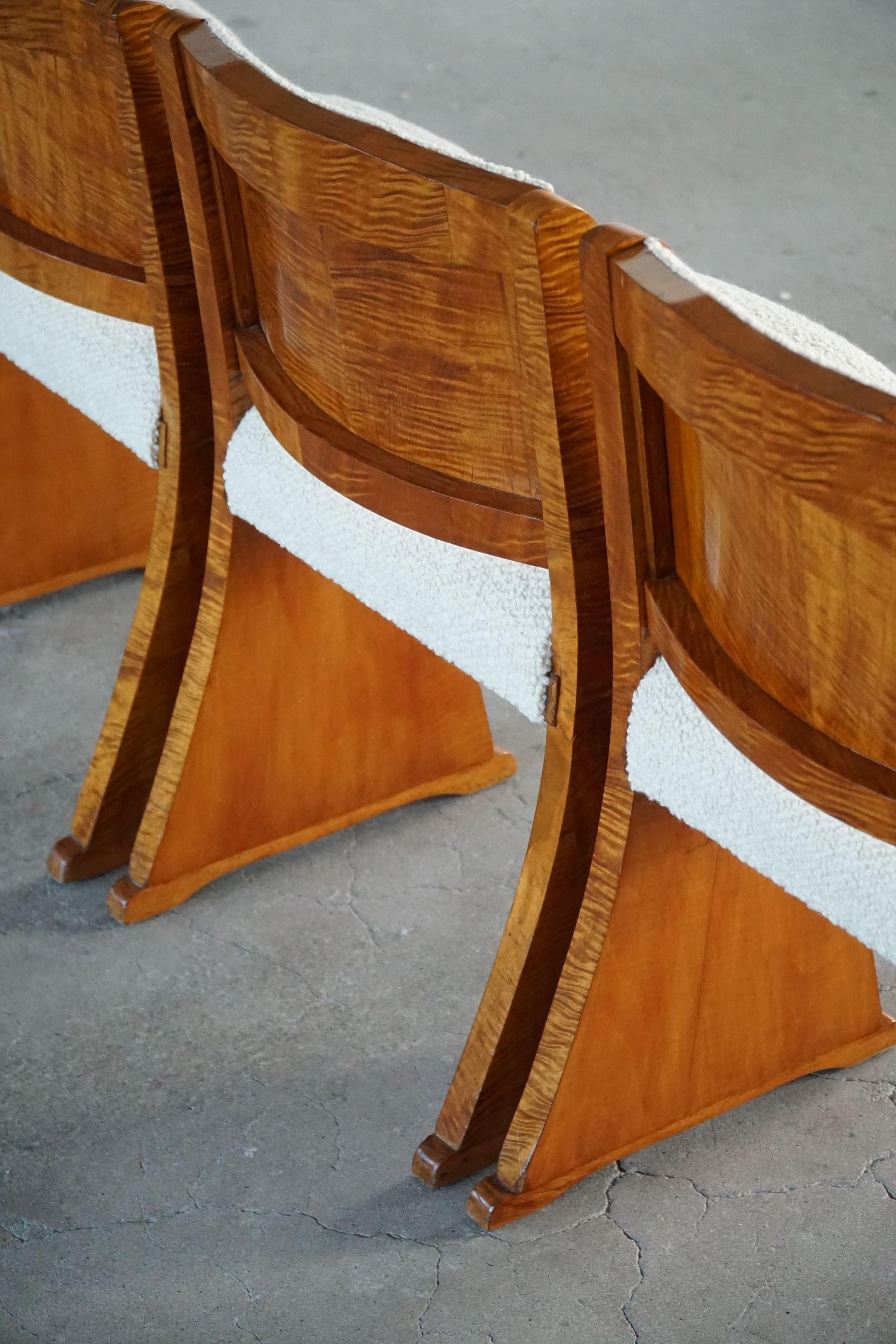 Art déco, ensemble de 6 chaises de salle à manger en bouleau et bouclé, design danois, fabriqué dans les années 1930 6