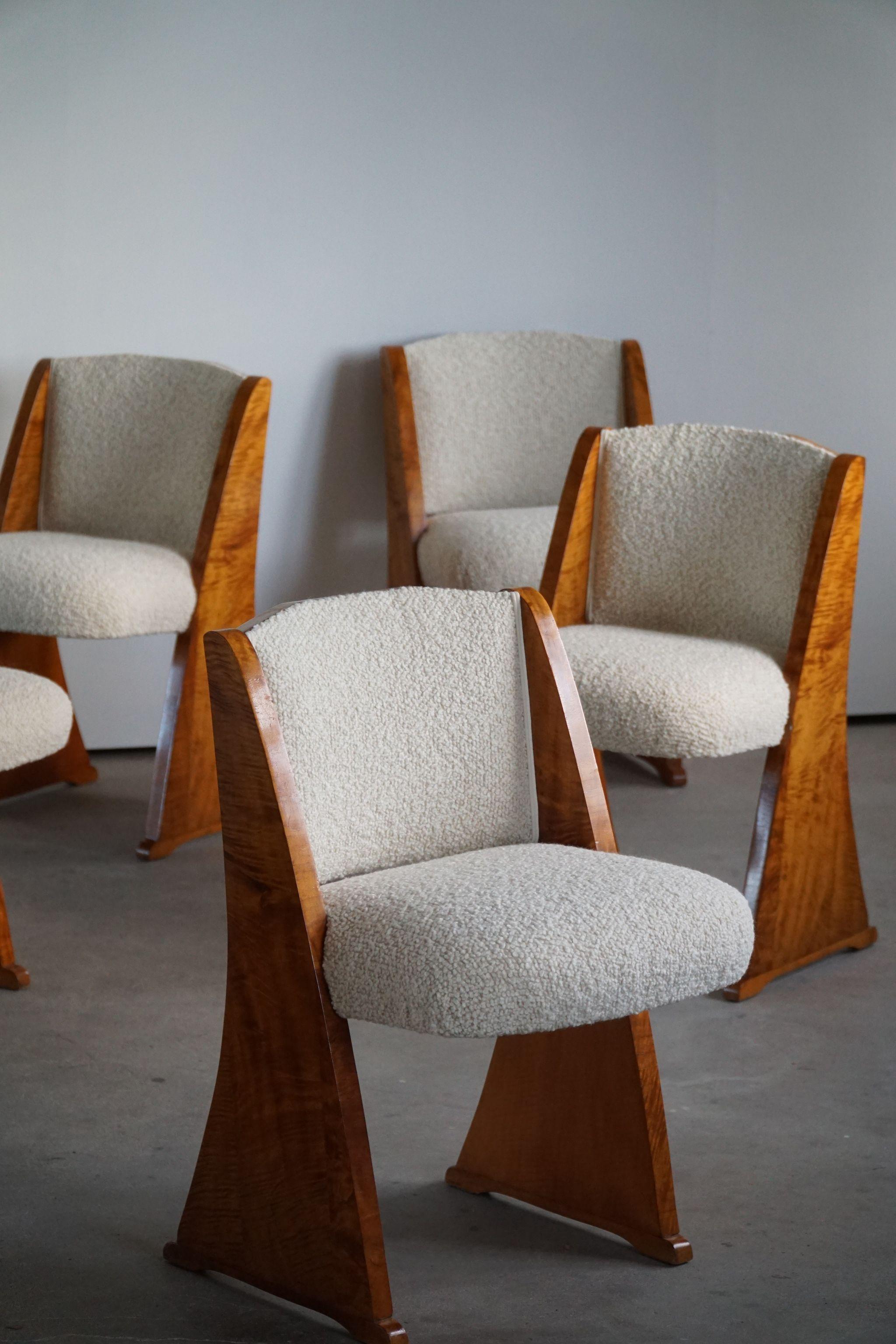 Art déco, ensemble de 6 chaises de salle à manger en bouleau et bouclé, design danois, fabriqué dans les années 1930 8